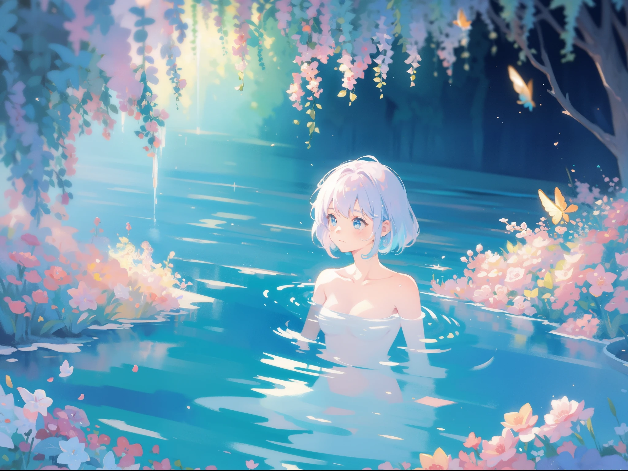picture book illustration, watercolor storybook illustration, vibrant pastel colors, dreamy, colorful, whimsical, magical, masterpiece, best quality, sharp focus, intricately detailed environment, fine detail, 8k resolution, waterfall lagoon, water nymph girls, (magical lagoon), (waterfall, lake), (beautiful nude female spirits swimming in water), beautiful princess, glowing lights, fireflies, glowing butterflies, 2girls, 3girls