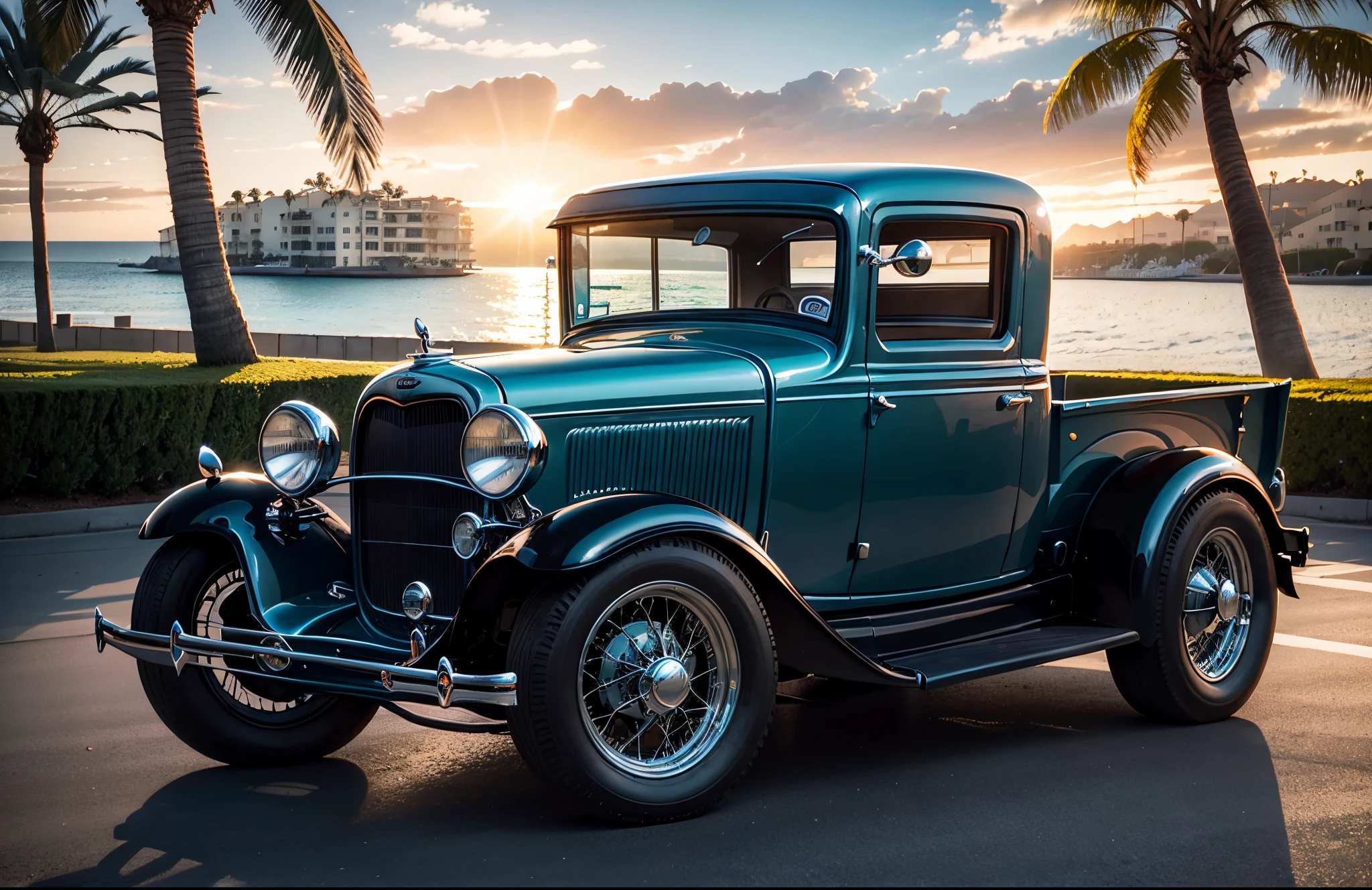 Imponente Pick Up Ford 1932 Show Car, with headlights on and on, enormes rodas BBS, Ridiculously low posture parked near palm trees and beautiful mansions with balconies in sunny California with the sun shining in the blue sky with clouds and shining on the yachts and ocean
