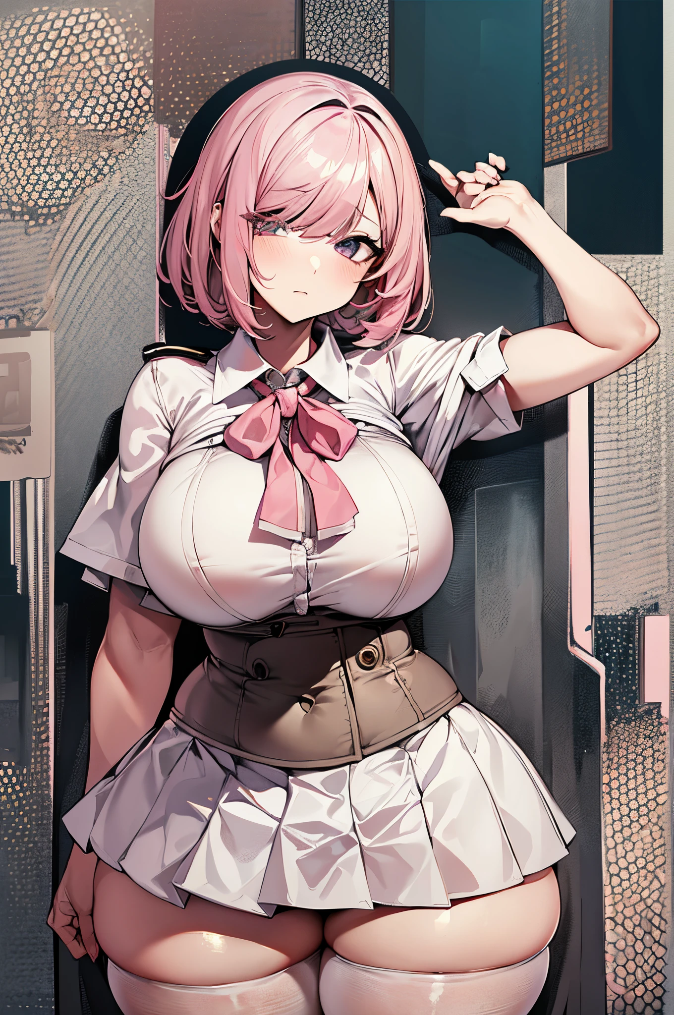 Woman with huge boobs, narrow waist, wide hips, military uniform, open black jacket, white shirt, necktie, short hair, pink hair, blue eyes, black gloves, belt, black pants, military peaked cap.