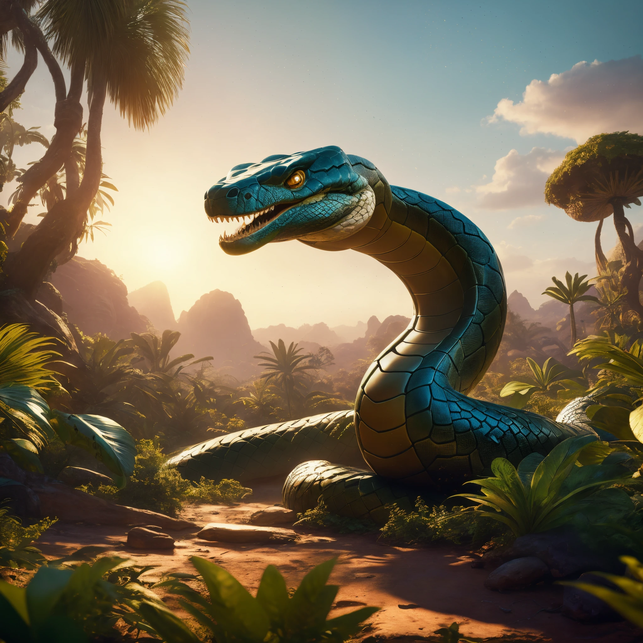 close-up of a snake in the jungle with trees and bushes, adventure hyper realistic render, 3 d epic illustrations, stylized 3d render, 3 d render stylized, Giant Snake, fantasy style 8 k octane render, jormungandr, created in unreal engine 5, rendered in unreal engine 5, detailed digital 3d art
