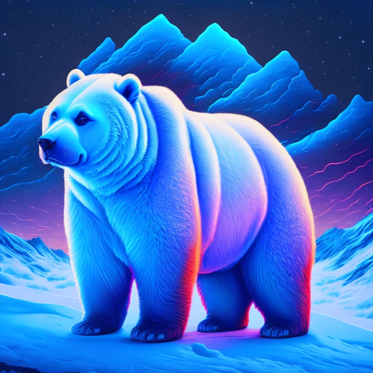 um urso polar na neve, arte surreal, estampa (azul/gelo), personagem (urso polar), arte detalhes perfeitos, arte em vetor/neon light, cores azul-forte/branco/cores glaciais