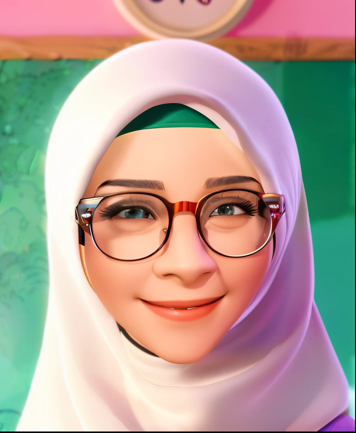 Girl wearing hijab, Beautiful and natural eyes, smiling for the camera, with glasses, spectacled, !!wearing modern glasses!!, girl with glasses, wearing glasses, thick round spectacles, !!wearing glasses!!, with square glasses, with glasses on, girl wearing round glasses, inspired by JoWOnder, eyeglasses, thick glasses, close up potrait, wearing square glasses, Smooth skin, 3d , a Muslim teacher,