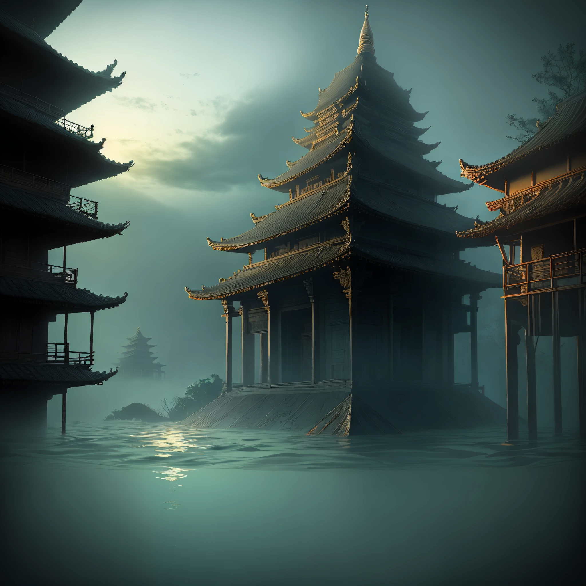 Quaint Han Dynasty style temple，There was an ancient Chinese monk who sat and meditated（closeup cleavage），Meditate，zazen，age-old tree，falling leaf，（Chinese landscape painting style），（Pastel ink painting），（8k wallpaper），（light and shadow effect），rendering by octane，White balance design，Extremely detailed picture depiction，wide angles，depth of fields，tmasterpiece，realisticlying，Beautifully depicted，A detailed，acurate，Works of masters，tmasterpiece