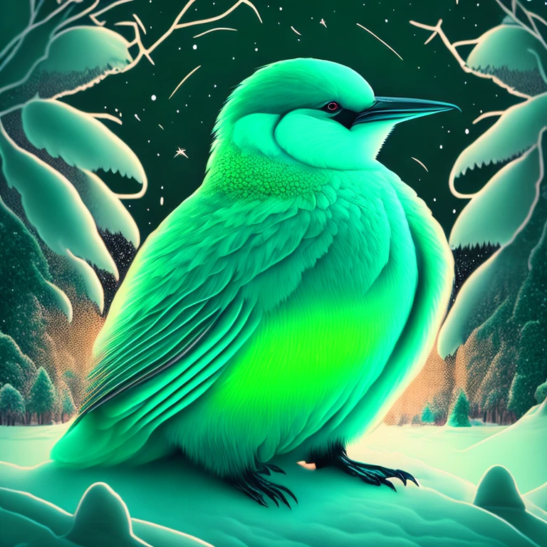 a polar bird in the snow, arte surreal, estampa (verde/gelo), personagem (polar bird), arte detalhes perfeitos, arte em vetor/neon light, cores verde-forte/branco/cores glaciais