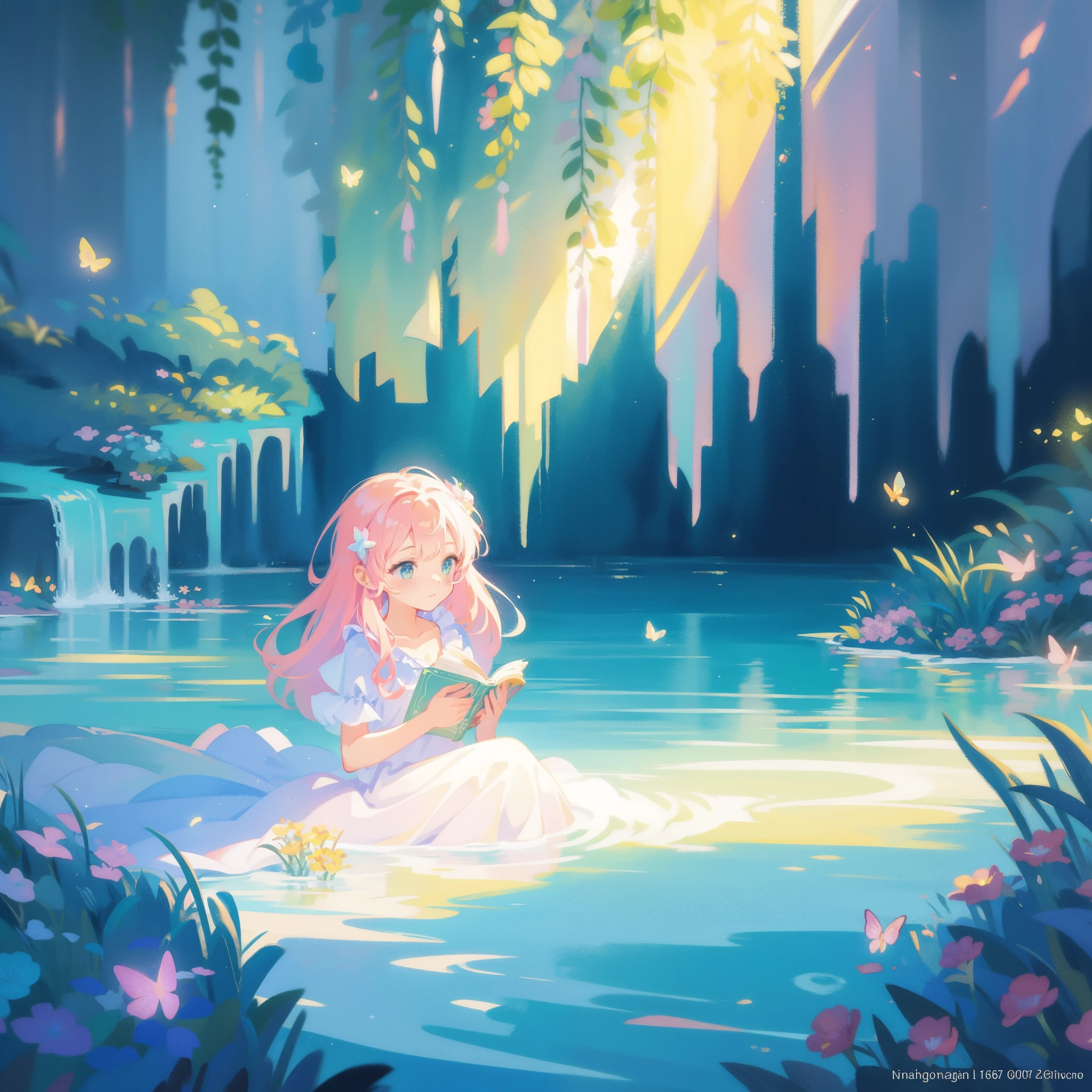 picture book illustration, watercolor storybook illustration, vibrant pastel colors, dreamy, colorful, whimsical, magical, masterpiece, best quality, sharp focus, intricately detailed environment, fine detail, 8k resolution, waterfall lagoon, water nymph girls, (magical lagoon), (waterfall, lake), (beautiful female spirits swimming in water), beautiful princess, glowing lights, fireflies, glowing butterflies, 2girls, 3girls