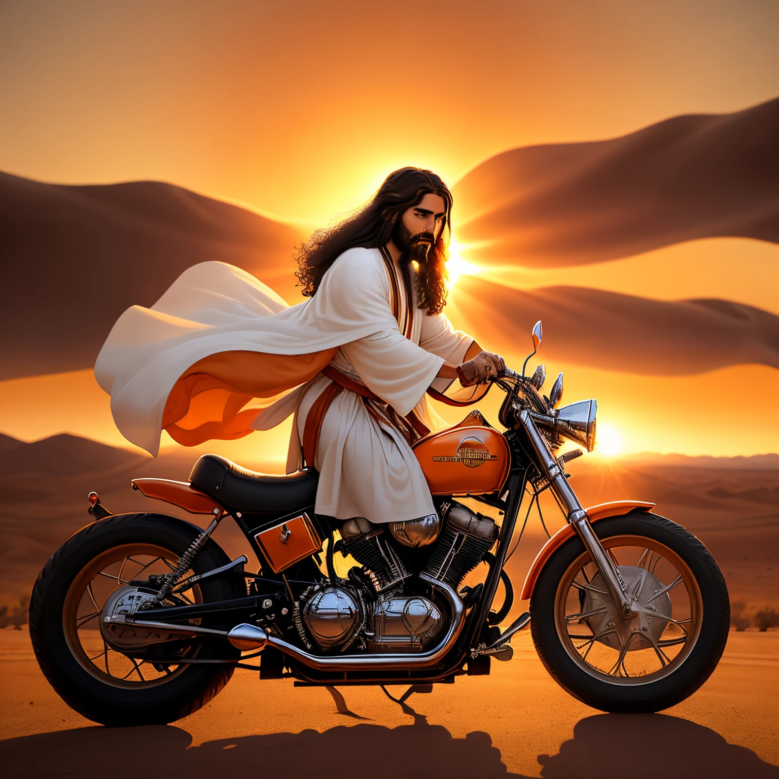 Jesus in his traditional robe riding down a desert highway on a classic orange chopper motorcycle with tall handlebars. Jesus’s hair is blowing in the wind.  The picture is taken from in front of Jesus. There is a sunset and an illuminated cross in the distance.