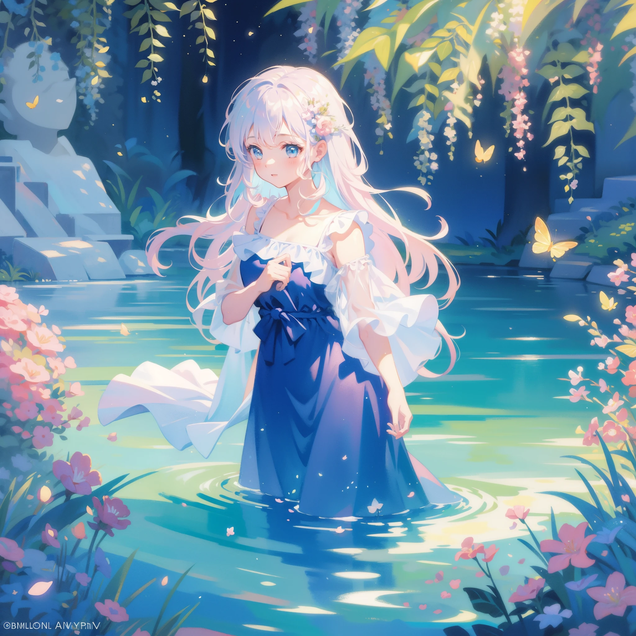 1 girl, Solo, hight resolution,Looking at Viewer, masutepiece,Best Quality, Extremely detailed, Perfect Lighting, , high-heels, Sunny, light tracing, Long hair, Detailed beautiful face, Looking at Viewer, , Wet, White Dress, See-through, thighs thighs thighs thighs,Anime girl with blue hair and purple dress standing in hydrangea flower field, a picture inspired by Pu Hua, trending on cg society, rokoko, atelier lulua, Stylized anime, from the azur lane videogame, a maid in a magical forest, Anime visuals of cute girls, anime stylized, Lori, deity of hydrangeas、Sunlight、a beauty girl、beautidful eyes、the original god、Transparency、aquarelle、masterpiece、8k