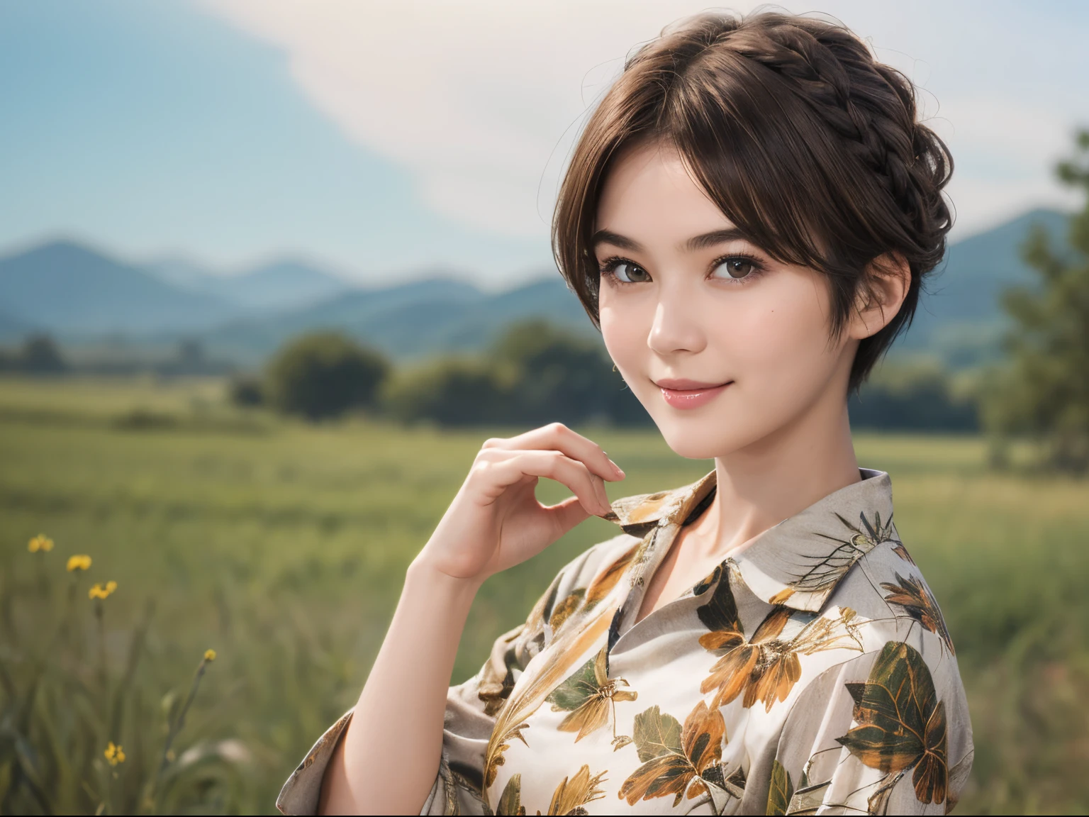 111
(a 20 yo woman,is standing), (A hyper-realistic), (high-level image quality), ((beautiful hairstyle 46)), ((short-hair)), (Gentle smile), (breasted:1.1), (wildlife print clothing)