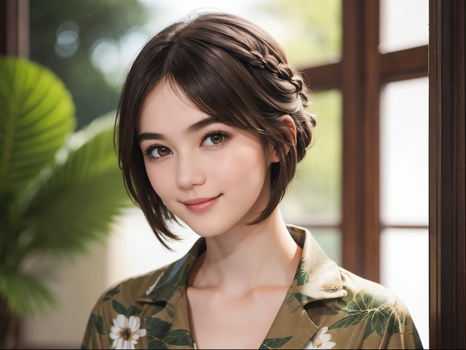 111
(a 20 yo woman,is standing), (A hyper-realistic), (high-level image quality), ((beautiful hairstyle 46)), ((short-hair)), (Gentle smile), (breasted:1.1), (wildlife print clothing)