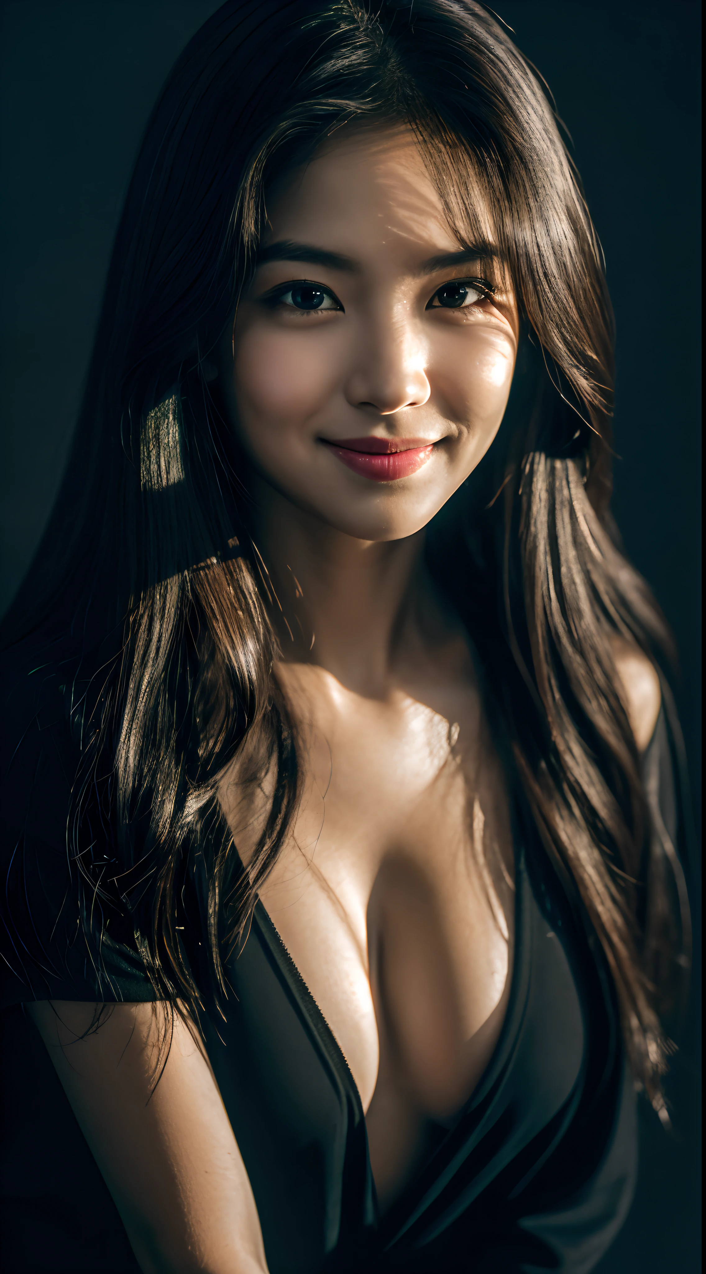 highest quality, epic realistic, ((in the pitch black darkness :1.4)), ((portrait:1.5)),(background: dark ) high contrast ,glorious picture, lowest lux, lighting face, she's comfortable, dark plain shirt, looks incredible, (8k, Raw photo, Highest quality),(epic realistic:1.5), a woman, face,(detailed eyes:0.8),(looking at the camera:1.4), (Highest quality), ( high contrast, deep shadows),Intricate details,cinematic,((skin:1.4)), (long dark hair:1.3), long hair, messy ,(Hdr:1.5),Detailed, colors, Superior quality, ( starry sky: 1.4), Masterpiece, Raw Photo (20-year-old, looking at viewer), beautiful, (wearing dark shirt,), perfect, natural, perfect composition, portrait, perfect face, smiling expression, Captivating eyes, Bright details, Tight lips, (High Skin Detail),, (blue tint: 0.6), (sale: 0.8), (bloody: 0.7), Key lighting , (backlight: 0.5), Medium depth of field, Canon 5d, 50mm lens, f/4 apertures, (Ultra-detailed, Complex detail), sharp focus, soft colors, 8k, Absurd, 80mm, dark background, photography, smiling, pinay, filipina, small boobs