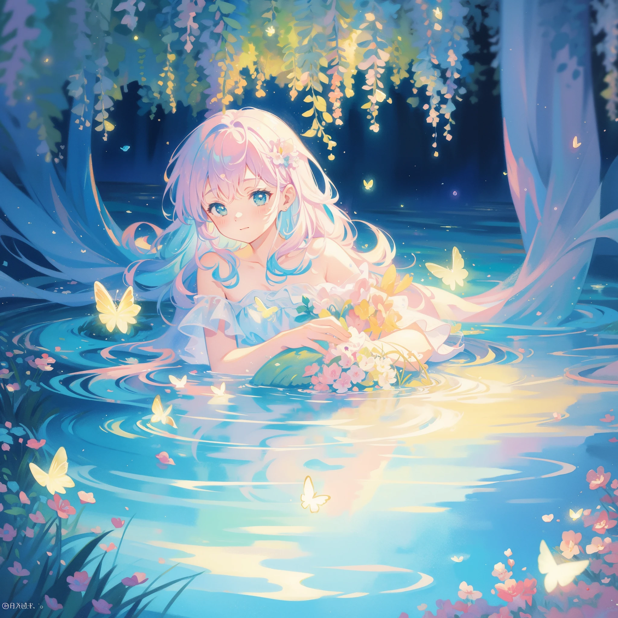 picture book illustration, watercolor storybook illustration, vibrant pastel colors, dreamy, colorful, whimsical, magical, masterpiece, best quality, sharp focus, intricately detailed environment, fine detail, 8k resolution, waterfall lagoon, water nymph girl, (magical lagoon), (waterfall, lake), (beautiful girl swimming in water), glowing lights, fireflies, glowing butterflies, glowing pixies