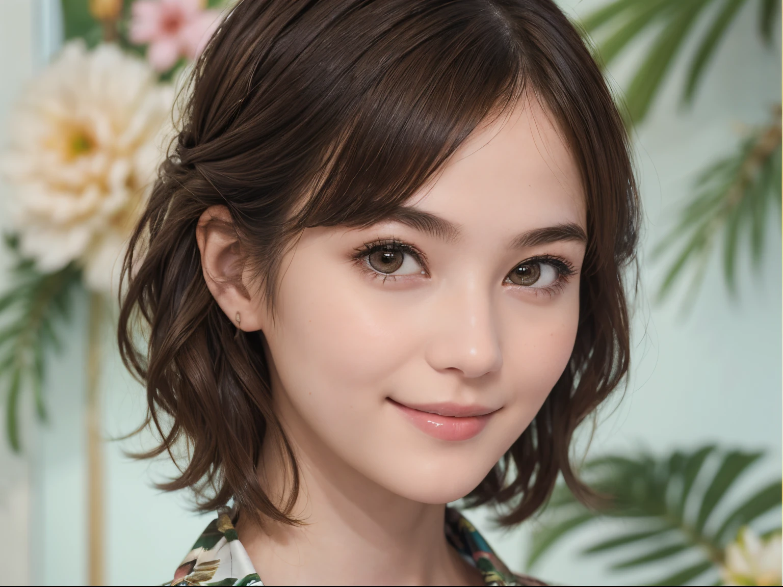 111
(a 20 yo woman,is standing), (A hyper-realistic), (high-level image quality), ((beautiful hairstyle 46)), ((short-hair)), (Gentle smile), (breasted:1.1), (wildlife print clothing)