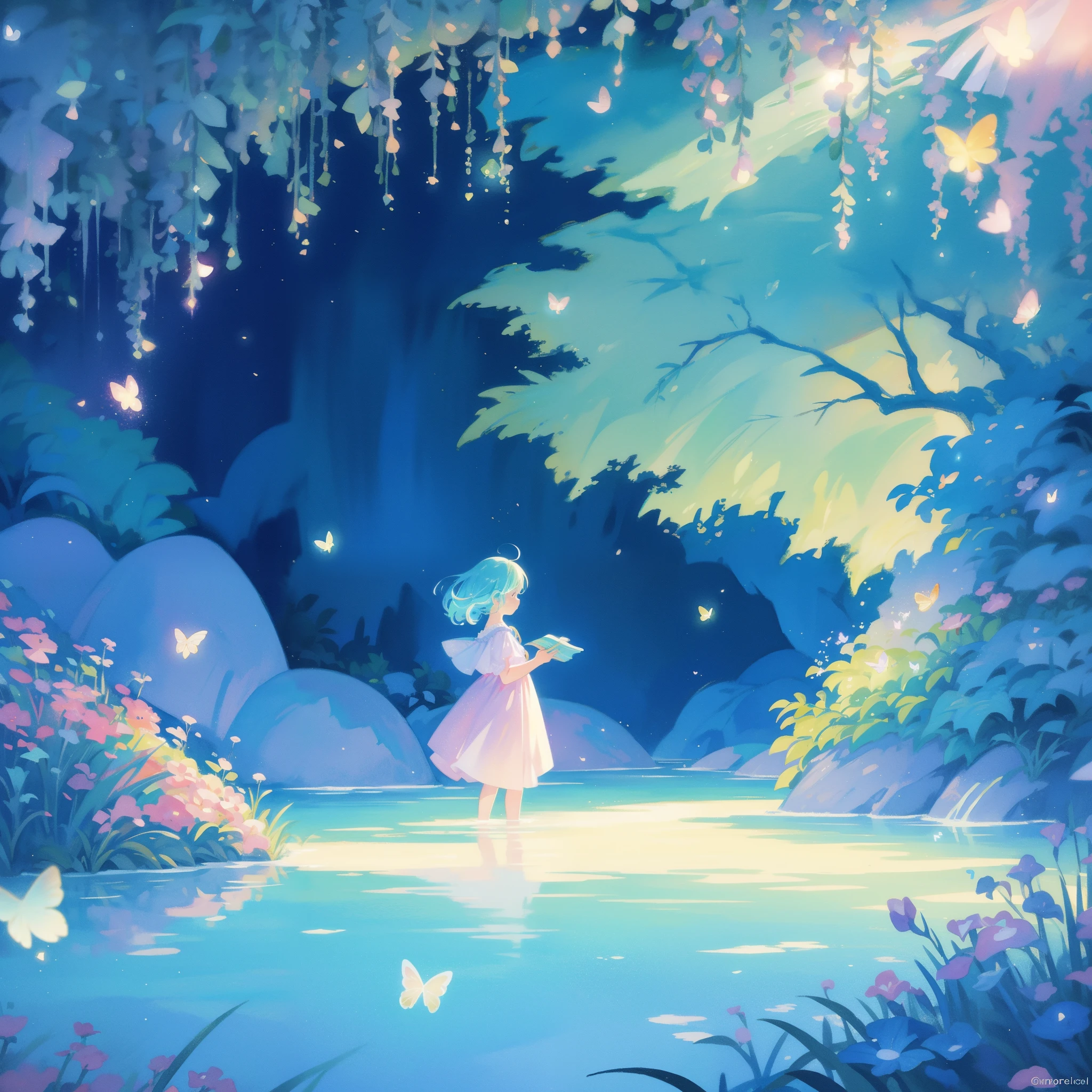 picture book illustration, watercolor storybook illustration, vibrant pastel colors, dreamy, colorful, whimsical, magical, masterpiece, best quality, sharp focus, intricately detailed environment, fine detail, 8k resolution, waterfall lagoon, (magical lagoon), (waterfall, lake), (glowing lights, fireflies, glowing butterflies