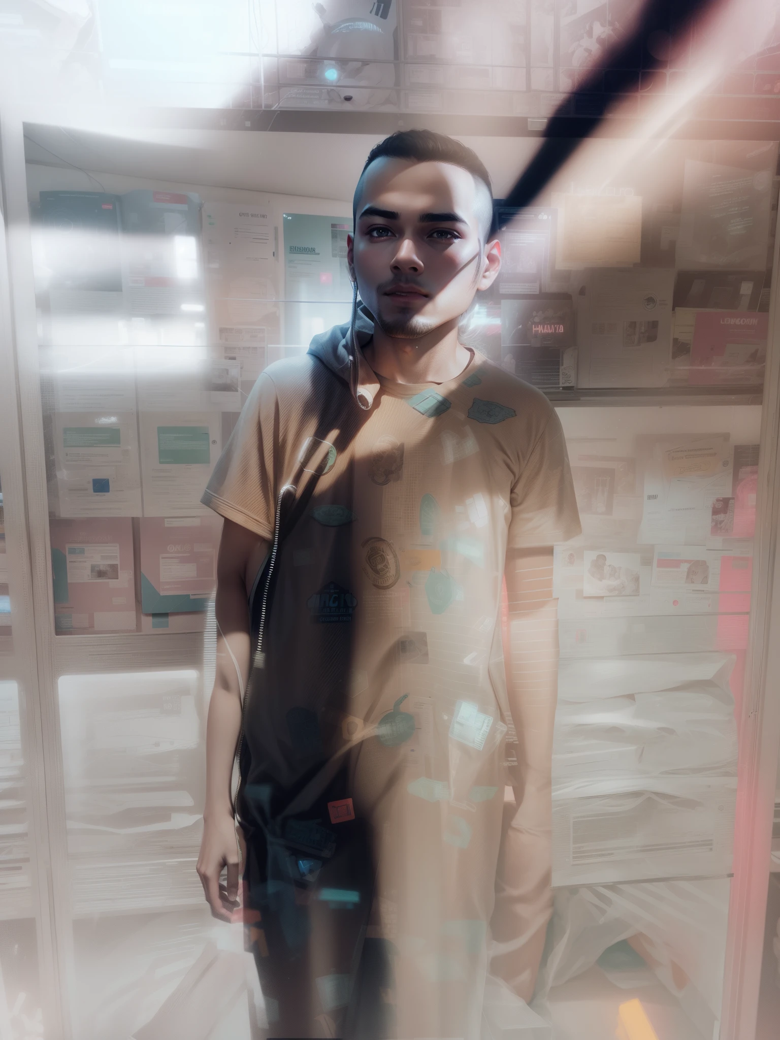 Background chenge. Cybersecurity handsome boy. Neon Lighting