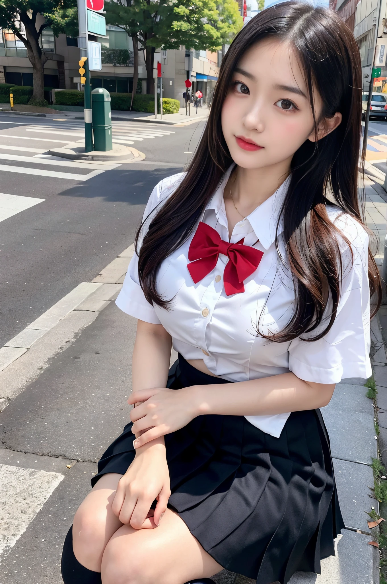 underwear, photo of 20 y.o lady, cute, panties, ((kpop idol)), lace panties, sitting, pantyshot, spread legs, skirt, school uniform, white panties, socks, black hair, shirt, blurry, blurry background, kneehighs, white shirt, loafers, realistic, long hair, lips, brown eyes, black socks, bowtie, pleated skirt, bow, head rest, looking to the side, outdoors, brown footwear, masterpiece, best quality, ultra-detailed,