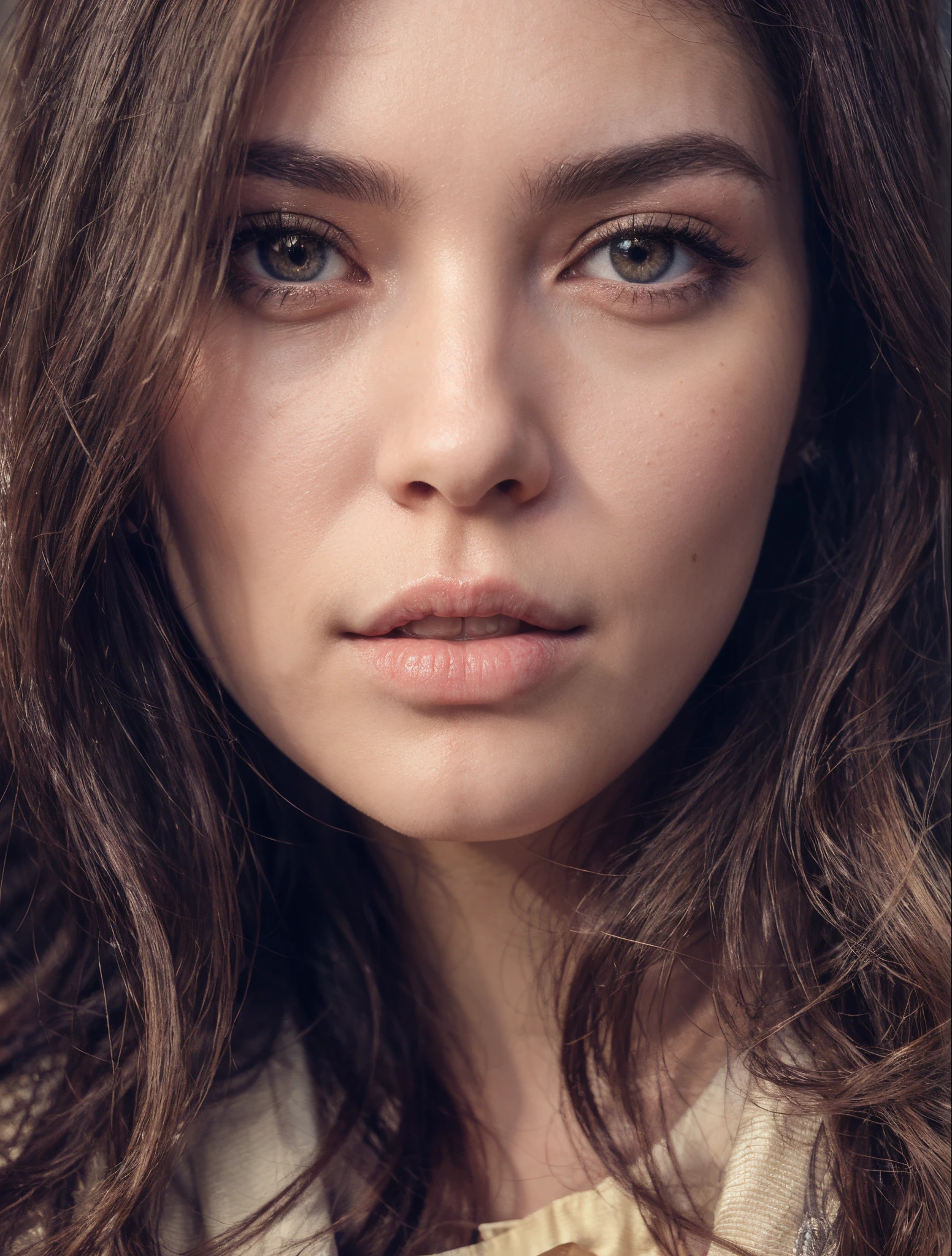 (best quality, 8k, RAW photo, highest quality, hyperrealistic, masterpiece:1.2, portrait, 8k full HD), Photo portrait of a pensive young brunette woman with sparkling eyes, detailed skin, (half her face concealed in shadow:1.4), tight close up on face, dark background, side lighting revealing her gaze, eye level, in the style of Nathan Wirth