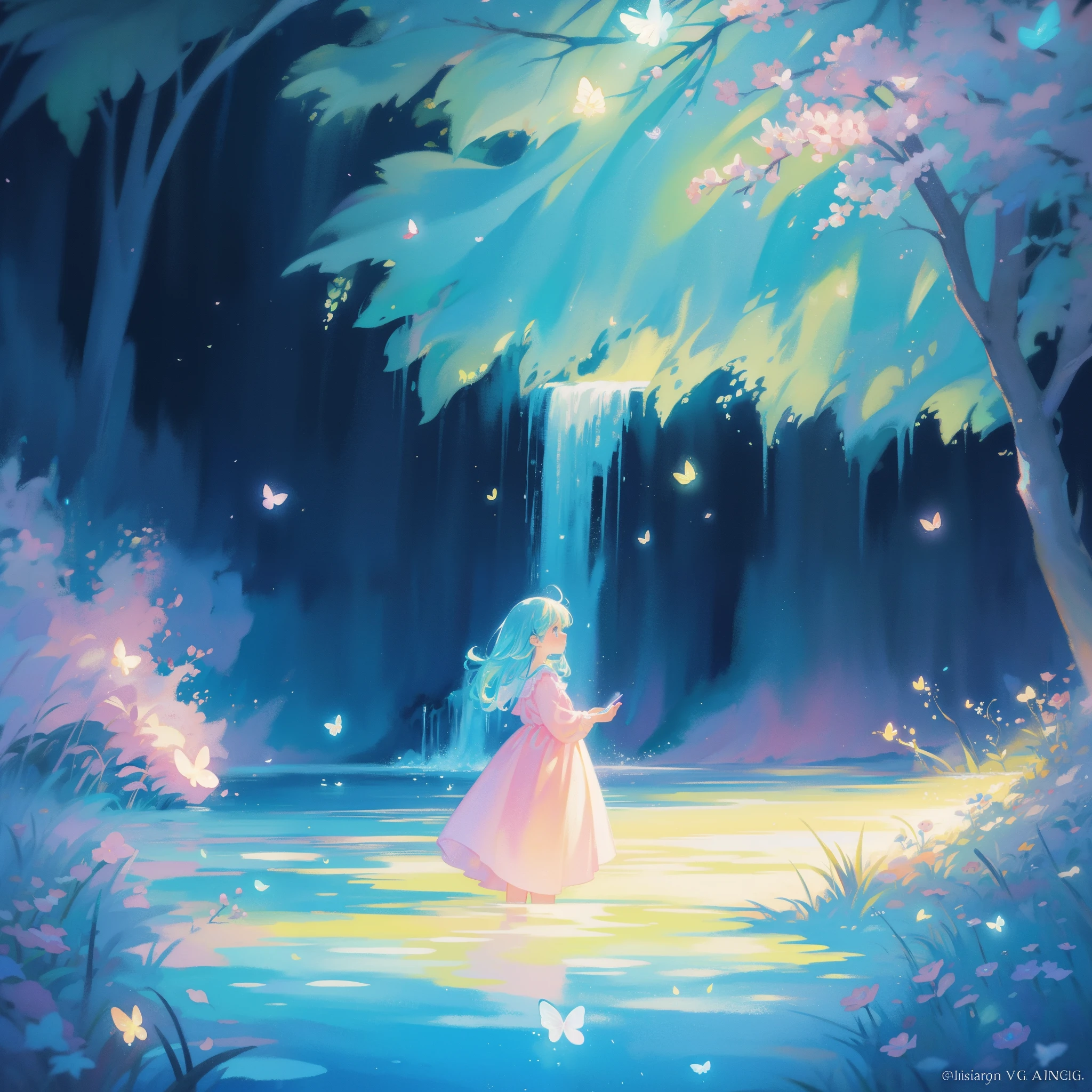 picture book illustration, watercolor storybook illustration, vibrant pastel colors, dreamy, colorful, whimsical, magical, masterpiece, best quality, sharp focus, intricately detailed environment, fine detail, 8k resolution, waterfall lagoon, (magical lagoon), (waterfall, lake), (glowing lights, fireflies, glowing butterflies