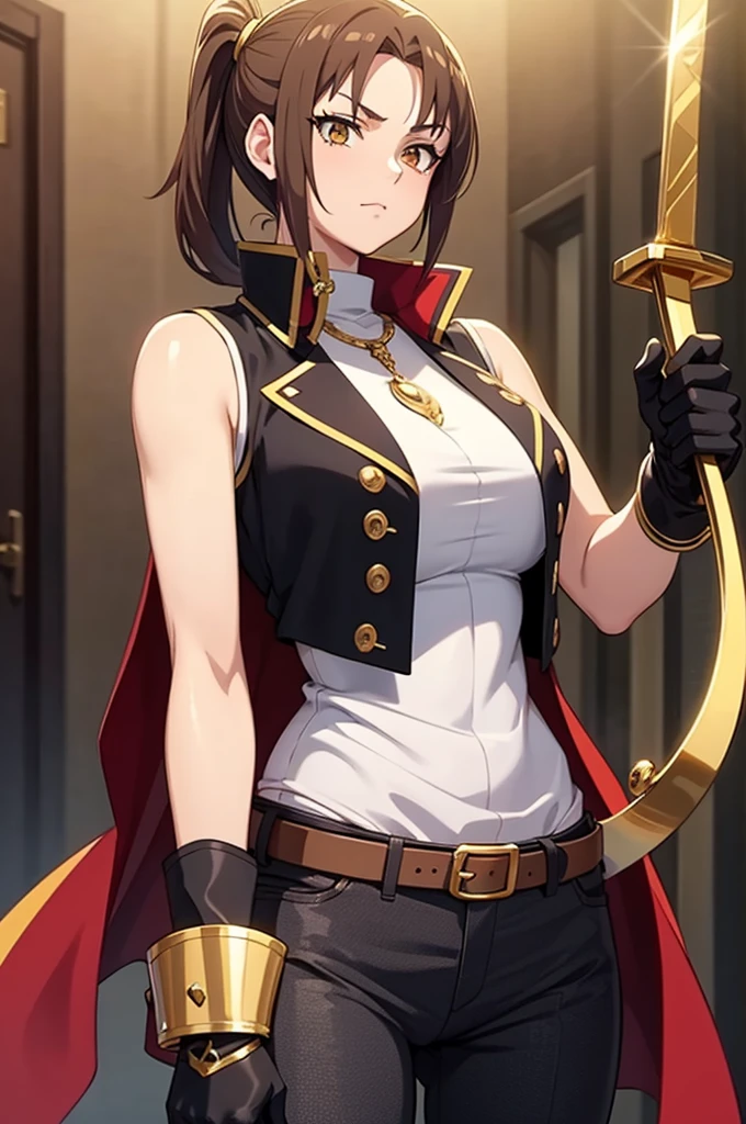 Anime Pirate woman. Short light brown hair, gold ring holding light brown pony tail below her hair, Golden eyes, white sleeveless shirt, red sleeveless jacket. black gloves with gold rings, dark gray pants, Holding a long pirate sword.