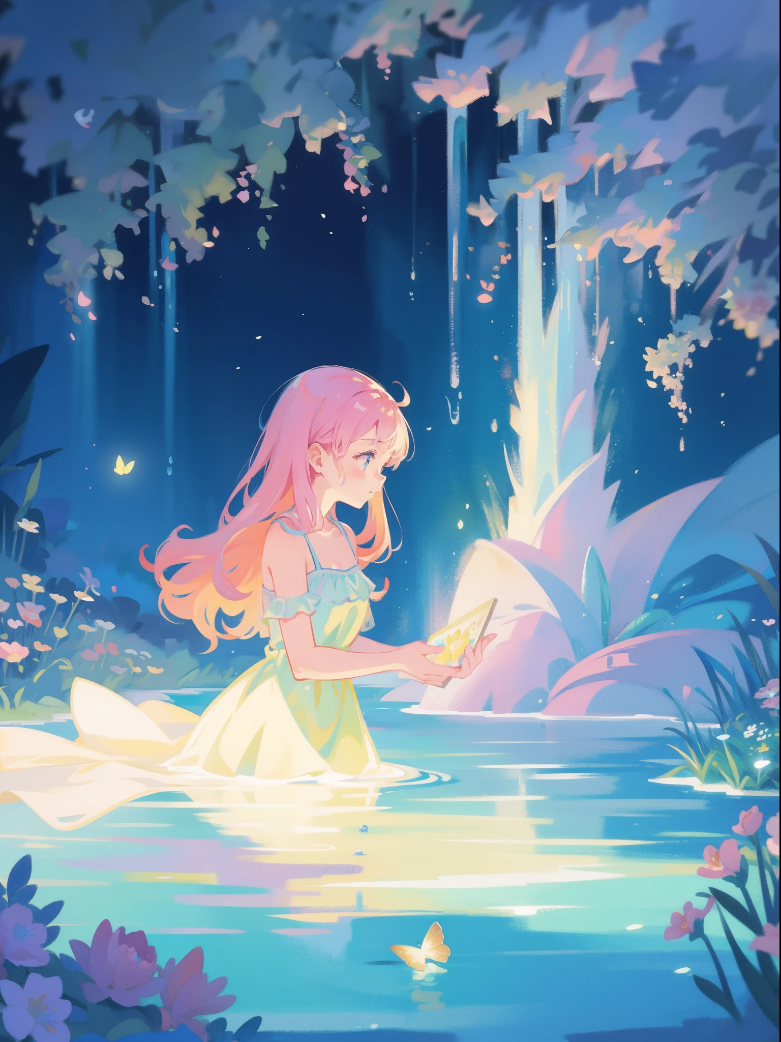 picture book illustration, watercolor storybook illustration, vibrant pastel colors, dreamy, colorful, whimsical, magical, masterpiece, best quality, sharp focus, intricately detailed environment, fine detail, 8k resolution, waterfall lagoon, water nymph girls, (magical lagoon), (waterfall, lake), (beautiful female spirits swimming in water), beautiful princess, glowing lights, fireflies, glowing butterflies, 2girls, 3girls