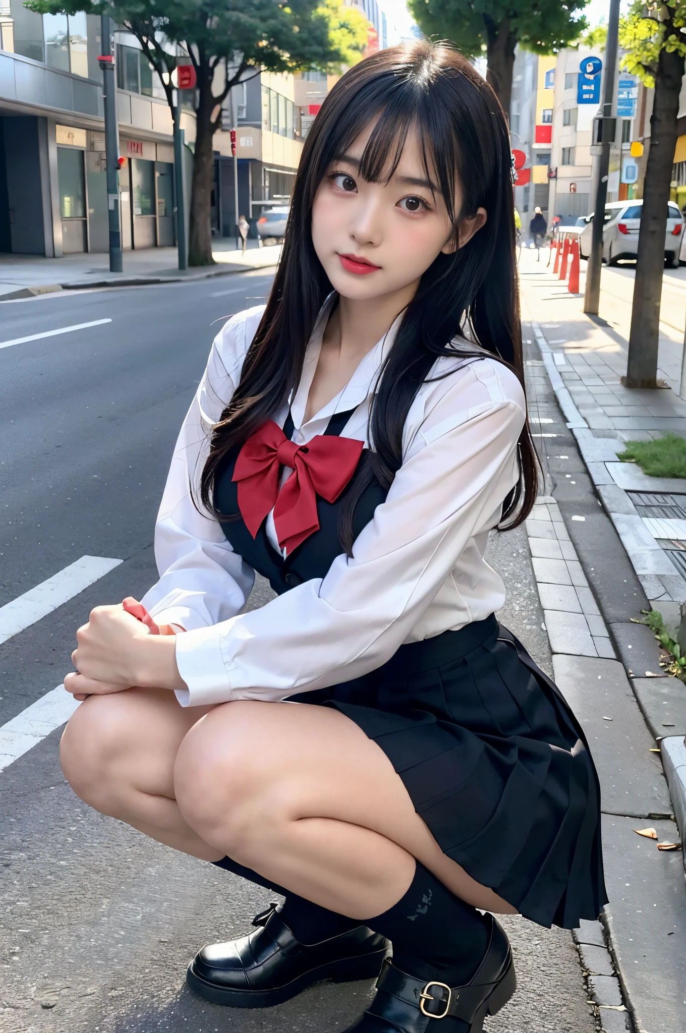 I took a full-body photo of a Japanese girl in a school uniform., Girl sitting and squatting with legs apart, She was squatting on the sidewalk and posing sexy with a nasty face, She should have a thic and sexy areola, And black hair, Her breasts should be large. Make me look like a typical Japanese school girl in a white blouse, red bow, black shoes, Knee socks and a very short pleated skirt. Bright light captures the natural light of the scene....., Sunny atmosphere. Make sure your photos look real、Capture the energy and charm of Japanese students in a busy urban environment.....