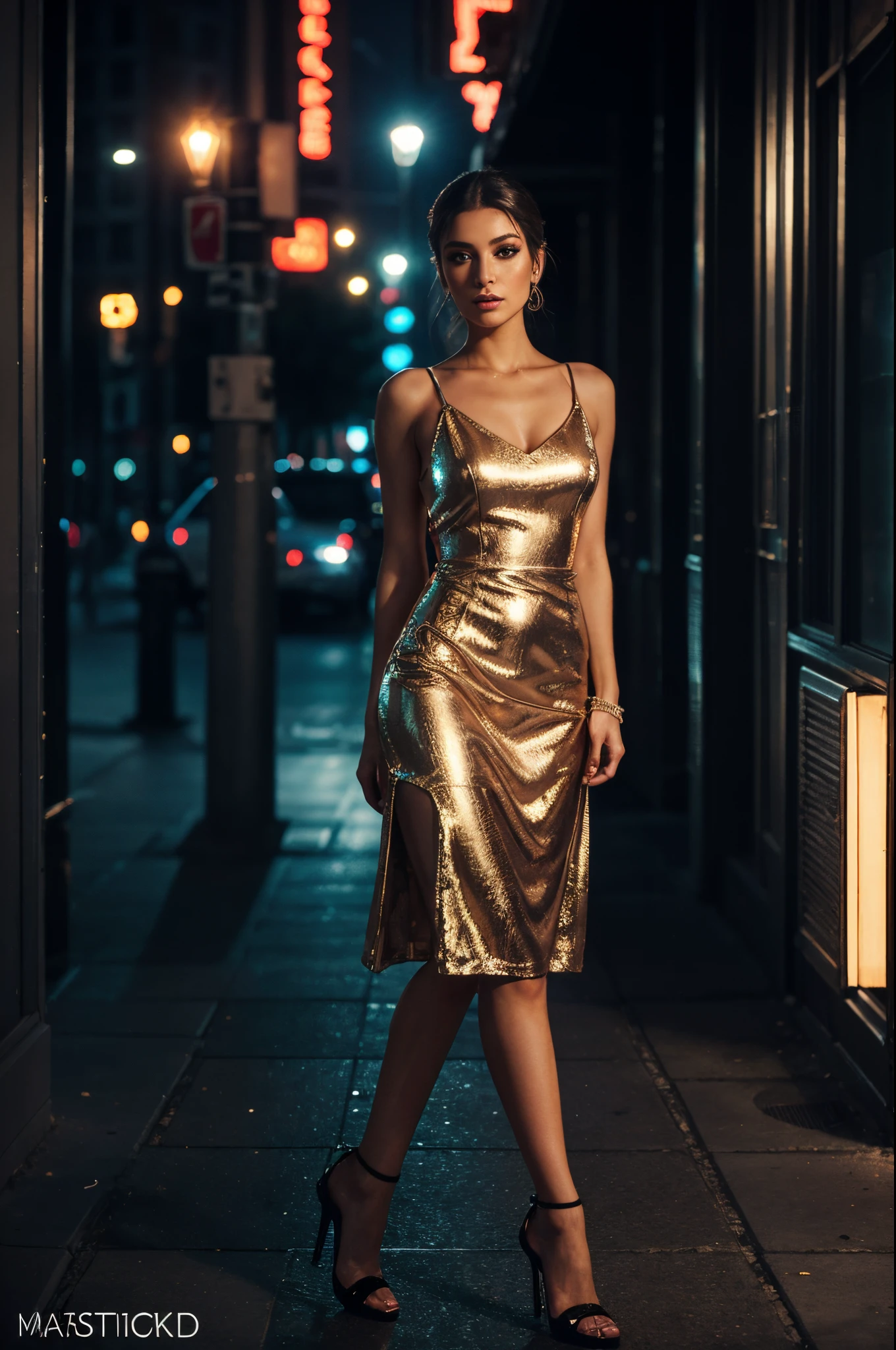 (best quality,4k,8k,highres,masterpiece:1.2),ultra-detailed,(realistic,photorealistic,photo-realistic:1.37), In a nice dress at night on street, beautiful detailed eyes, beautiful detailed lips, extremely detailed eyes and face, long eyelashes, 1girl, streetwear, elegant pose, urban environment, dim street lights, bustling cityscape, vibrant colors, night scene ambiance, city night life, neon lights, bokeh, glossy material, fashionable dress, flowing fabric, high contrast, dramatic lighting, sophisticated makeup, confident expression, stylish heels, soft shadows, atmospheric setting