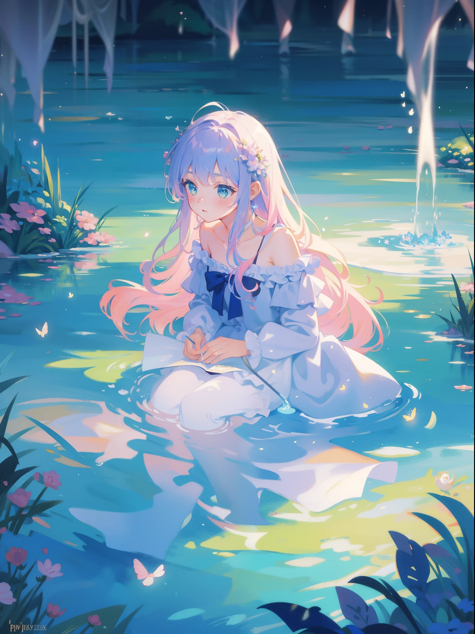 picture book illustration, watercolor storybook illustration, vibrant pastel colors, dreamy, colorful, whimsical, magical, masterpiece, best quality, sharp focus, intricately detailed environment, fine detail, 8k resolution, waterfall lagoon, water nymph girls, (magical lagoon), (waterfall, lake), (beautiful  female spirits swimming in water), beautiful princess, glowing lights, fireflies, glowing butterflies, 2girls, 3girls