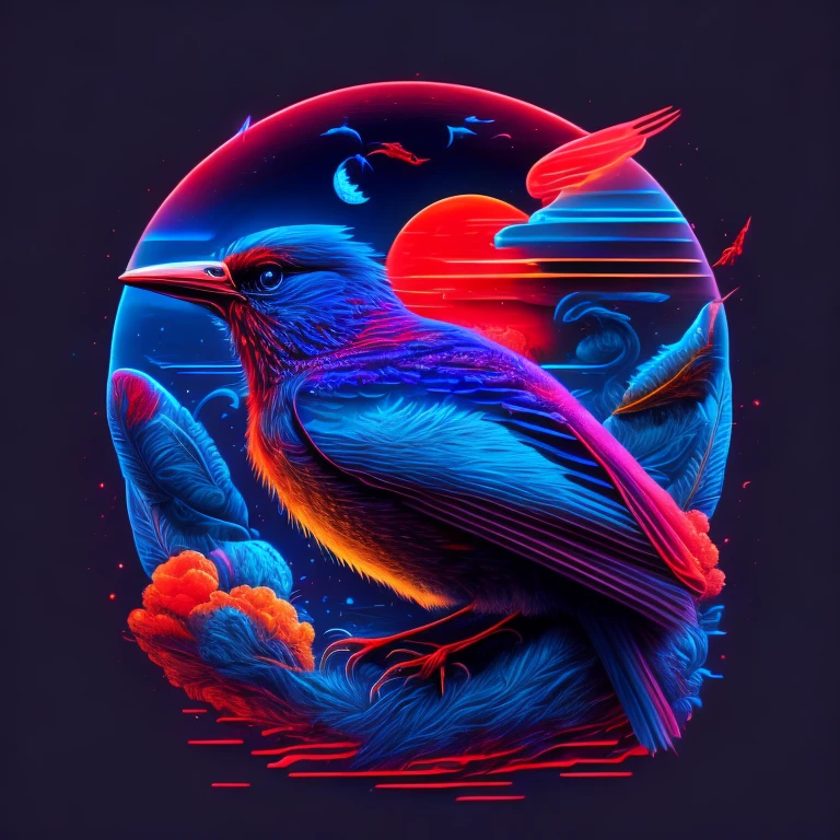 a bird in orbit, arte surreal, estampa (planeta azul), personagem (bird in orbit), arte detalhes perfeitos, arte em vetor/neon light, cores vermelho/azul/cores frescas