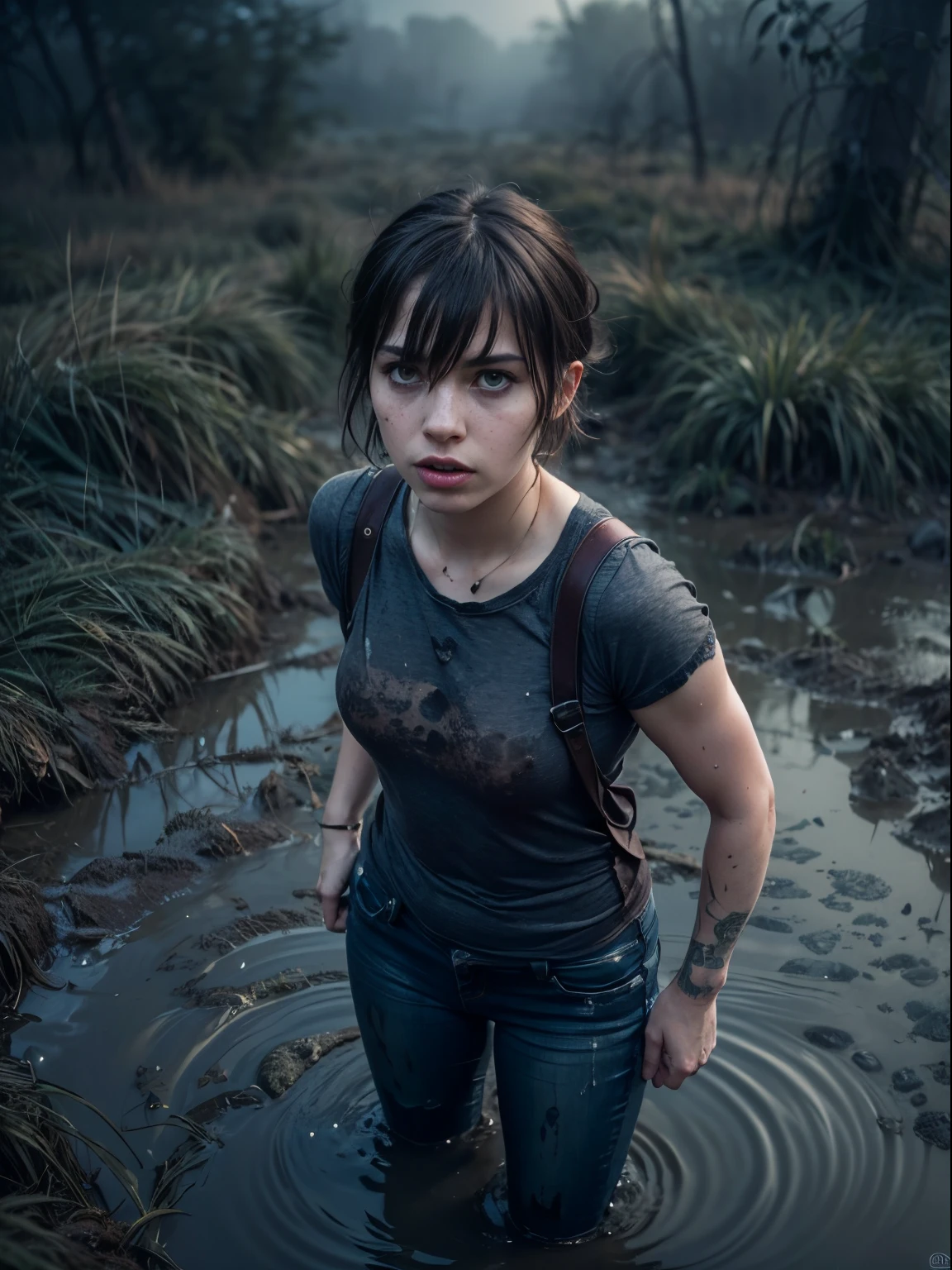 (Best Quality,hight resolution,Masterpiece, Overhead view:1.20),Ultra-detailed,The woman,Wide flares on jeans,sickly,drowning in a swamp,standingn:1.2, (solo sex at the bottom of a mud pit:1.2),gloomy ecstasy,fetish,dark gloomy atmosphere,gritty texture,solo sex:1.4,warped reality,melancholic expression on his face,mysterious aura,foggy atmosphere,foggy background,Subtle color palette,Strong emotions,Coming Out of the Depths of Despair,Piercing gaze,intense shadows,Plunged in Darkness,Rugged terrain,ominous vibe,A supernatural sensation,asymmetrical bangs, freckles, pink short hair, Bangs, freckles, gray eyes,