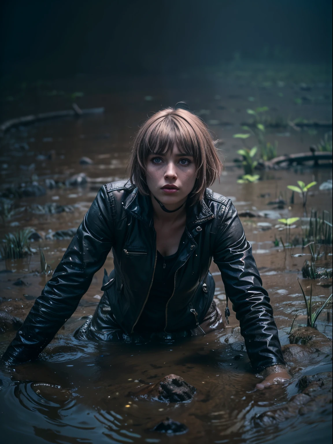 (Best Quality,hight resolution,Masterpiece, Overhead view:1.20),Ultra-detailed,The woman,Wide flares on jeans,sickly,drowning in a swamp,standingn:1.2, (solo sex at the bottom of a mud pit:1.2),gloomy ecstasy,fetish,dark gloomy atmosphere,gritty texture,solo sex:1.4,warped reality,melancholic expression on his face,mysterious aura,foggy atmosphere,foggy background,Subtle color palette,Strong emotions,Coming Out of the Depths of Despair,Piercing gaze,intense shadows,Plunged in Darkness,Rugged terrain,ominous vibe,A supernatural sensation,asymmetrical bangs, freckles, pink short hair, Bangs, freckles, gray eyes,