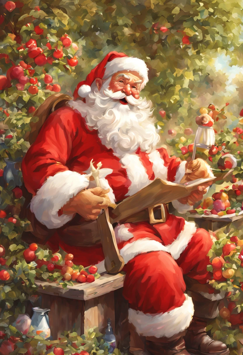 "(best quality,4k,8k,highres,masterpiece:1.2),ultra-detailed,(realistic,photorealistic,photo-realistic:1.37),Santa Claus planting vegetable garden,summer day,sunny weather,holiday,smiling Santa Claus,enjoying the sun,large garden with vibrant flowers,lush green grass,vegetable patch with colorful crops,gardening tools nearby,freshly dug soil,overalls covered in dirt and patches,wide-brimmed straw hat,gardening gloves on Santa's hands,big round red nose,white bushy beard,sparkling blue eyes,twinkling spectacles,rosy cheeks,round belly,jolly personality,peaceful ambiance,gentle breeze rustling leaves,singing birds,bee buzzing around,happiness radiating from Santa Claus,joyful expression on Santa's face,friendly posture,tranquility and harmony,cheerful Santa surrounded by nature,antique wooden bench under the shade of a tree,glass of lemonade on the table beside Santa Claus,relaxing Santa Claus enjoying his well-deserved break,scenic view of the garden,brilliant colors of summer,enveloped in warm sunlight,filled with Santa's gardening expertise,from seeds to blooming harvest,creating a beautiful tapestry of nature's bounty,spreading joy and magic through gardening."
