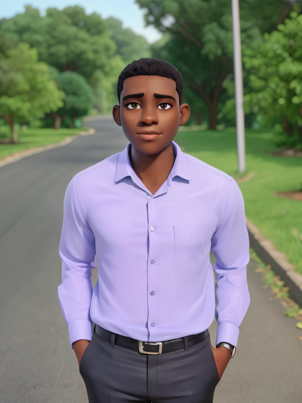 Wise eyes,dark skin,suit,short haircut,black slacks,beautiful nose and eyes,dark skin,beautiful lips,nice ears