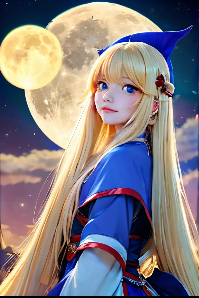 Woman with long blonde hair and blue dress standing in front of the full moon, Anime Cosplay, Anime girl cosplay, anime style like fate/Stay Night, anime goddess, blonde anime girl with long hair, anime in fantasy style, Anime princess, portrait knights of zodiac girl, beautiful celestial mage, marisa kirisame, lunar themed attire, goddess of the moon