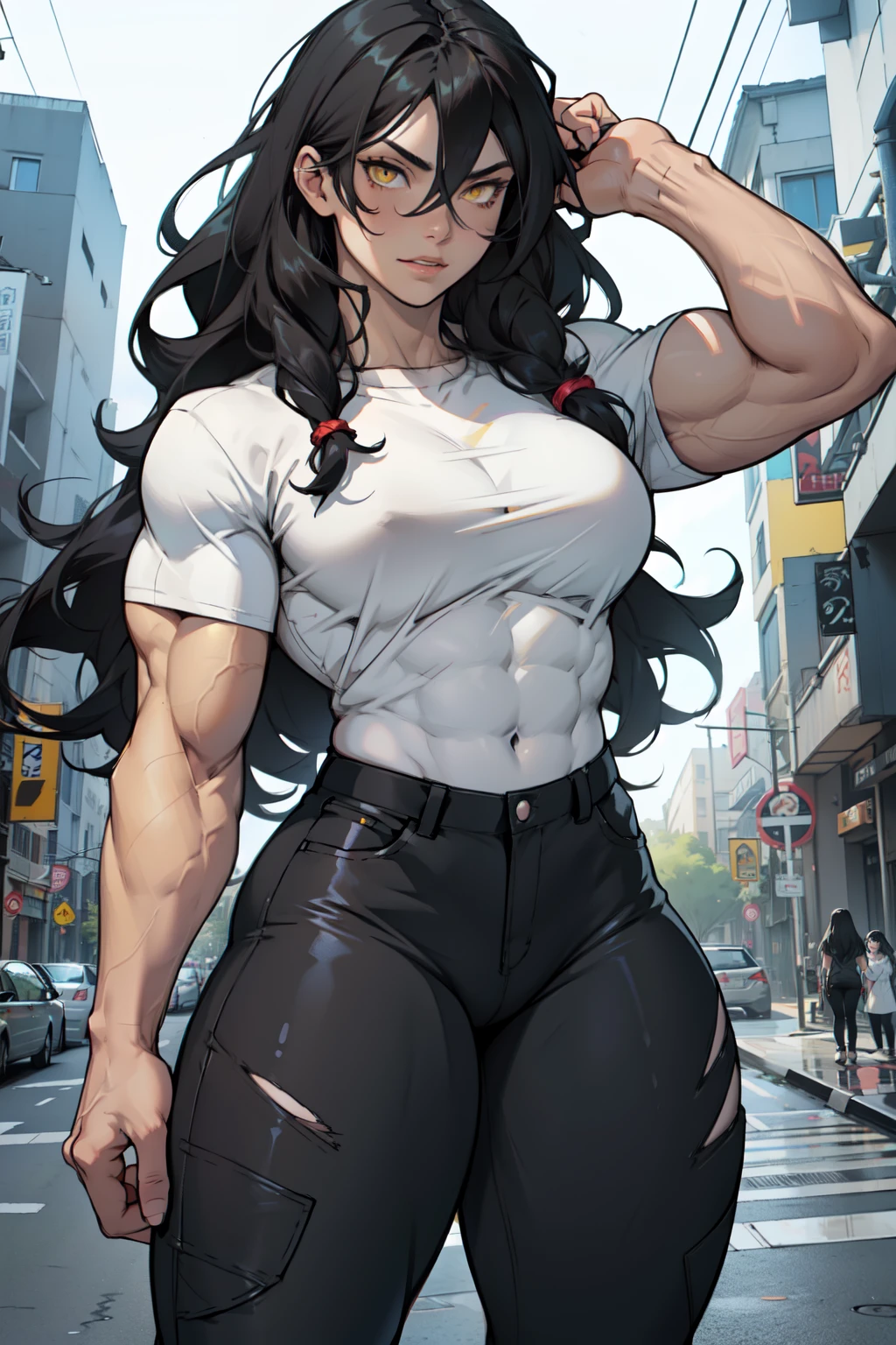 (((muscular 1girl))) ((thick thighs toned body )) (pale skin) black hair yellow eyes very long hair tight shirt and pants curly hair hair between eyes