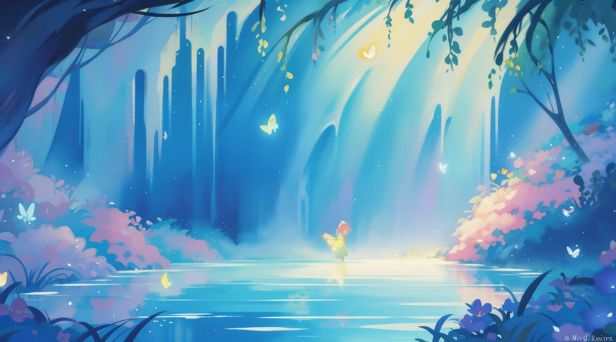 picture book illustration, watercolor storybook illustration, vibrant pastel colors, dreamy, colorful, whimsical, magical, masterpiece, best quality, sharp focus, intricately detailed environment, fine detail, 8k resolution, waterfall lagoon, (magical lagoon), (waterfall, lake), (glowing lights, fireflies, glowing butterflies