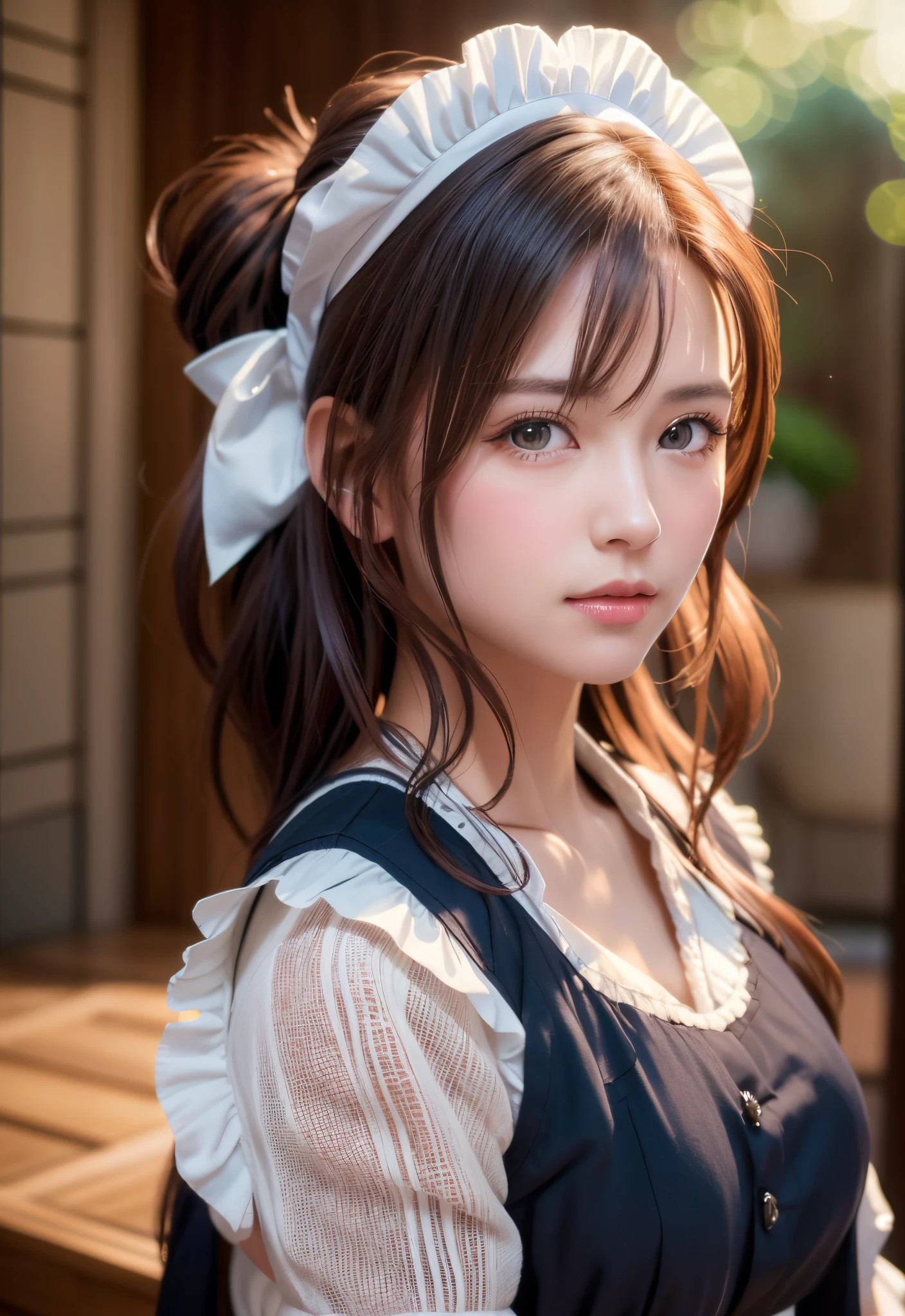 8K, of the highest quality, masutepiece:1.2), (Realistic, Photorealsitic:1.37), of the highest quality, masutepiece, Beautiful young woman, Pensive expression,、A charming、and an inviting look, Cute Maid Clothes, Hair tied back, Cinematic background, Light skin tone