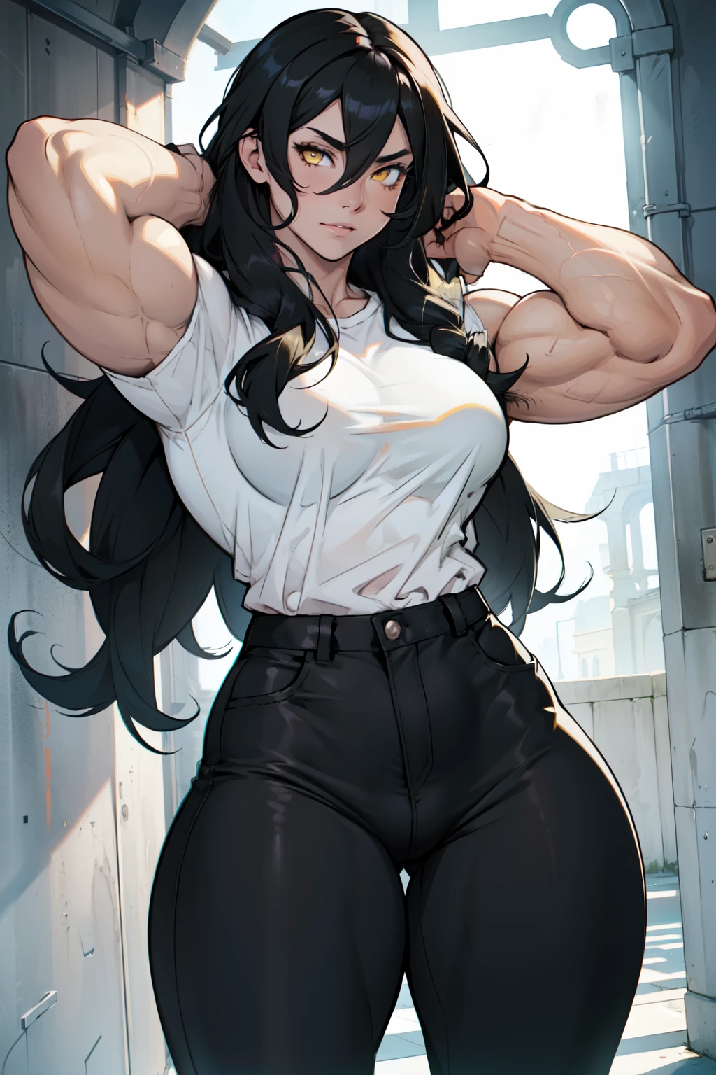 ((((muscular 1girl)))) ((thick thighs toned body )) (pale skin) black hair yellow eyes very long hair tight shirt and pants curly hair hair between eyes