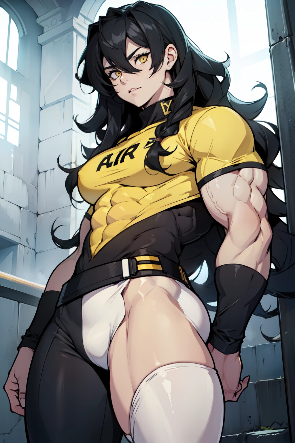 (((muscular 1girl))) ((thick thighs toned body)) (pale skin) black hair yellow eyes very long hair tight shirt and pants curly hair hair between eyes