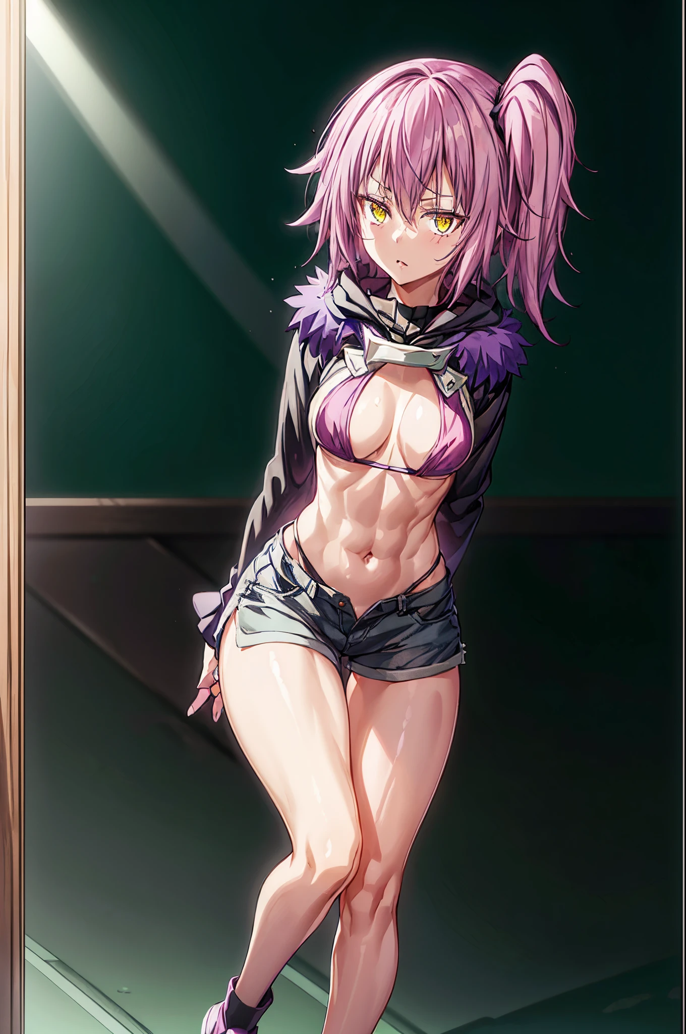 (1 girl from an anime with purple hair), in the room, 1 girl, only, ((sadistic expression)), yellow eyes, Purpose, purple hair, looking at me, ((Lastly)), Wearing bikini shorts, (((side ponytail))), (((toned legs))), thick muscular thighs, slim waist, muscular stomach, hands on waist, bare feet, medium boobs, eye reflection, sparkling eyes, anime, anime style, cinematic lighting, ray tracing, Canon, panorama, 8k, UHD, masterpiece, ccurate, anatomically correct, super detail, high quality, highres, HD, 16k