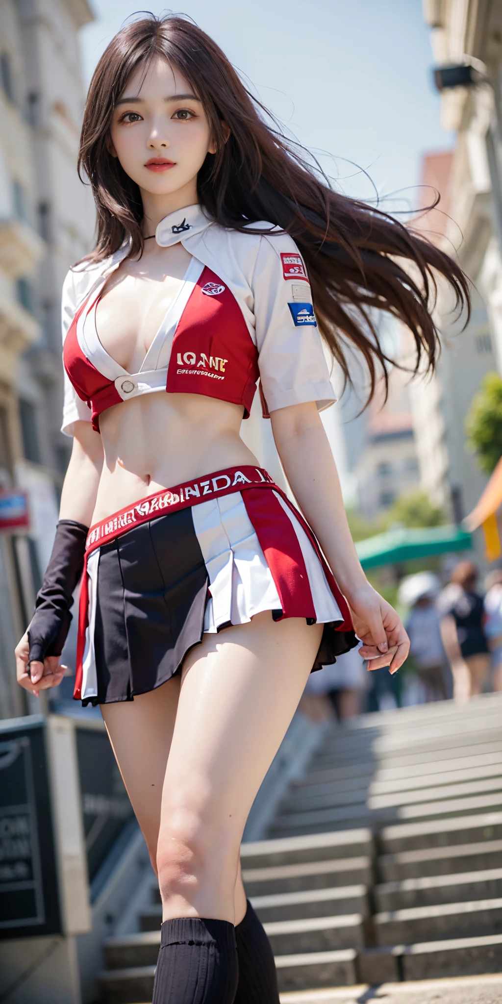 (8K, Raw foto, Best Quality, masutepiece:1.2), (realisitic, Photorealcitic:1.37), 超High resolution A, 1girll, 18 years-old, (idol:1.4), (Famous actresses :1.4), (beautifull detailed face:1), bangss, (Multicolored floating hair), skin hollows, Light makeup, (beautiful big breasts:1.3), (radiant skin:1.1), sparkly skin, Long limbs, Slim, hanging chest:1.3, a narrow waist, medium hips, Thin leg, slim thigh, Dynamic lighting, Obscene face, Glossy texture, Lipstick, v-shaped eyebrows, V-Line Joe, looking up at viewer, (Long hair:1.3), (perfect faces:1.4), ((tempestuous winds)), Flowing Hair, audience, (Smile:1.3), blue-sky, (((Monte Carlo Street Circuit))), (((race car))), (((Racing bikes))), ((Promotion Girl:1.3)), ((Grid Girl:1)), Pink Lip, Light makeup, (Delicate promotional costumes are worn intricately:1.10), Lace-up boots, short sleeves, Cropped Top, ((Short jacket:1)), (Tube Top Bra:1), kneehighs, (((Nylon short-sleeved jacket with lots of logos))), (Knee-length glitter nylon pleated skirt), ((Asymmetric medium size nylon pleated skirt)), Small hips, ((Promotional wear with logo)), (((Red and white glitter promotional clothing))), fingerless gloves, Belly view style, A dark-haired, Brown hair, Red hair, Blue Eyes, (sweatdrops:1), (Dynamic Angle), walking, bending forwards, audience,