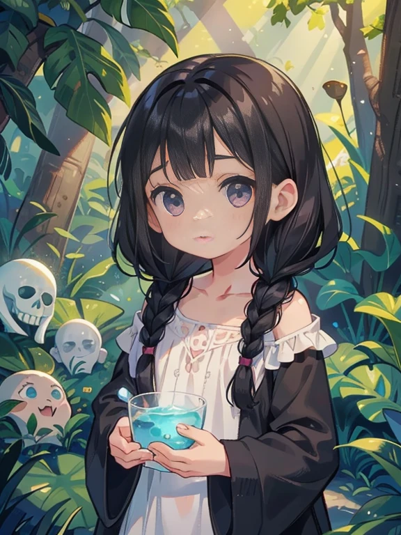 She is a dark and peculiar , with black hair and braids, always naked. Wandinha is fascinated by things like magic potions, bonecas vodu, facas afiadas e outros objetos macabros.