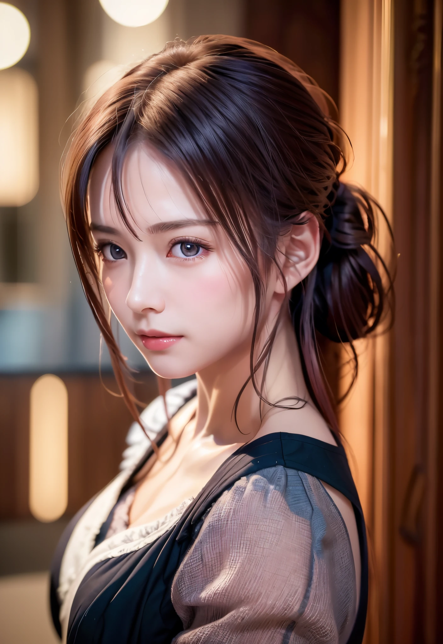 8K, of the highest quality, masutepiece:1.2), (Realistic, Photorealsitic:1.37), of the highest quality, masutepiece, Beautiful young woman, Pensive expression,、A charming、and an inviting look, Cute Maid Clothes, Hair tied back, Cinematic background, Light skin tone
