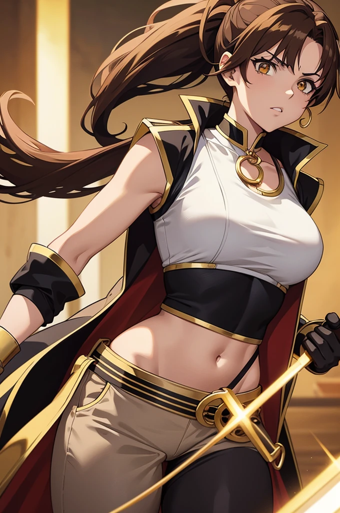 Anime Pirate woman. Short light brown hair, gold ring holding light brown pony tail below her hair, Golden eyes, white sleeveless shirt, red sleeveless jacket. black gloves with gold rings, dark gray pants, Holding a long pirate sword.