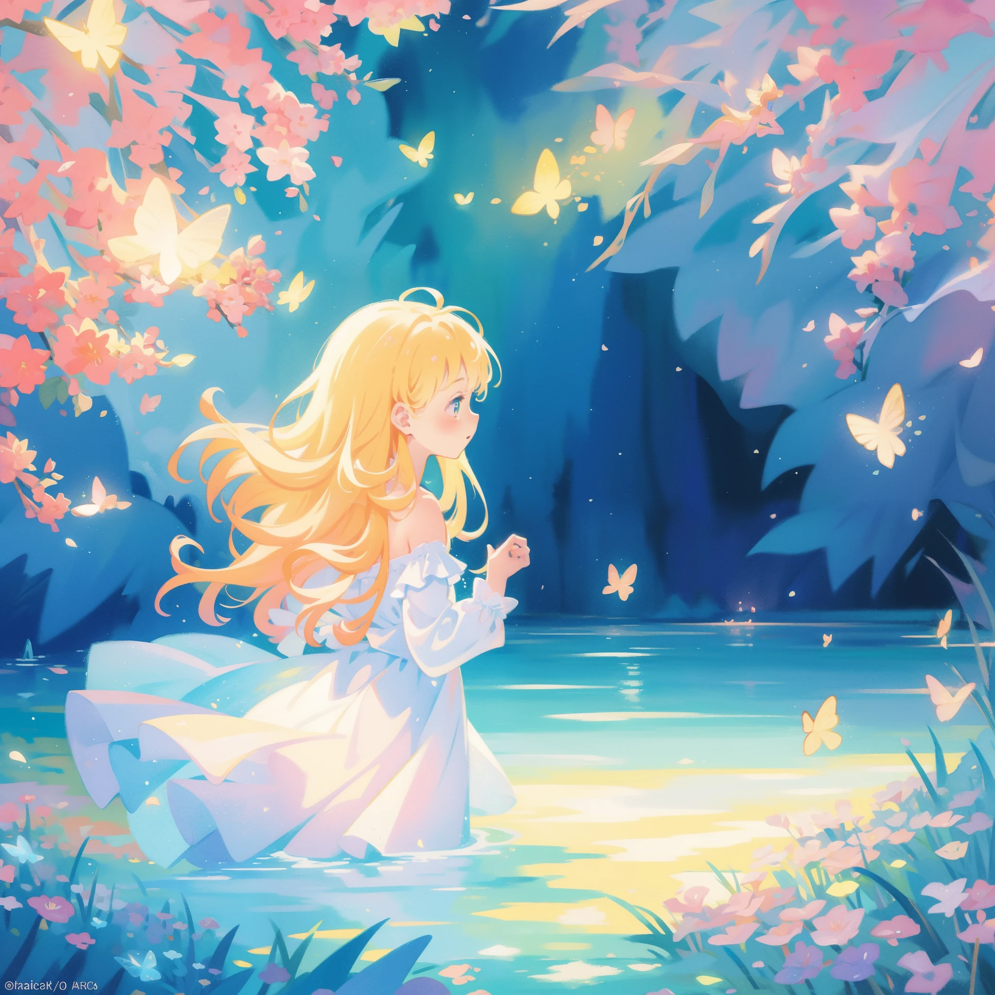 picture book illustration, watercolor storybook illustration, vibrant pastel colors, dreamy, colorful, whimsical, magical, masterpiece, best quality, sharp focus, intricately detailed environment, fine detail, 8k resolution, waterfall lagoon, water nymph girls, magical lagoon, waterfall, lake, beautiful female wood spirits, beautiful princess, glowing lights, fireflies, glowing butterflies, glowing stars