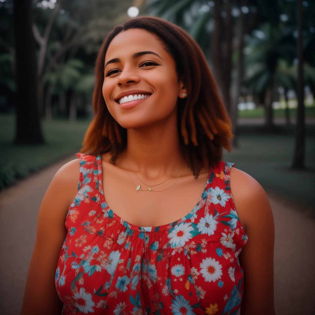 smiling woman in a red floral top standing in a park, Malika Favre, Directed by: Andrée Ruellan, foto de uma mulher negra, mixed race woman, Directed by: Nandor Soldier, by Amelia Peláez, 3 retrato de 5 mm, Alexis Franklin, foto retrato, foto da mulher jovem, Retrato no meio da foto, bonito e sorridente