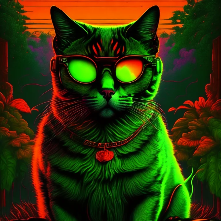 um gato em cima de um tijolo, arte surreal, estampa (verde/tijolo), personagem (gato/tijolo), arte detalhes perfeitos, arte em vetor/neon light, cores vermelho/orange/verde/preto/ cores de olaria