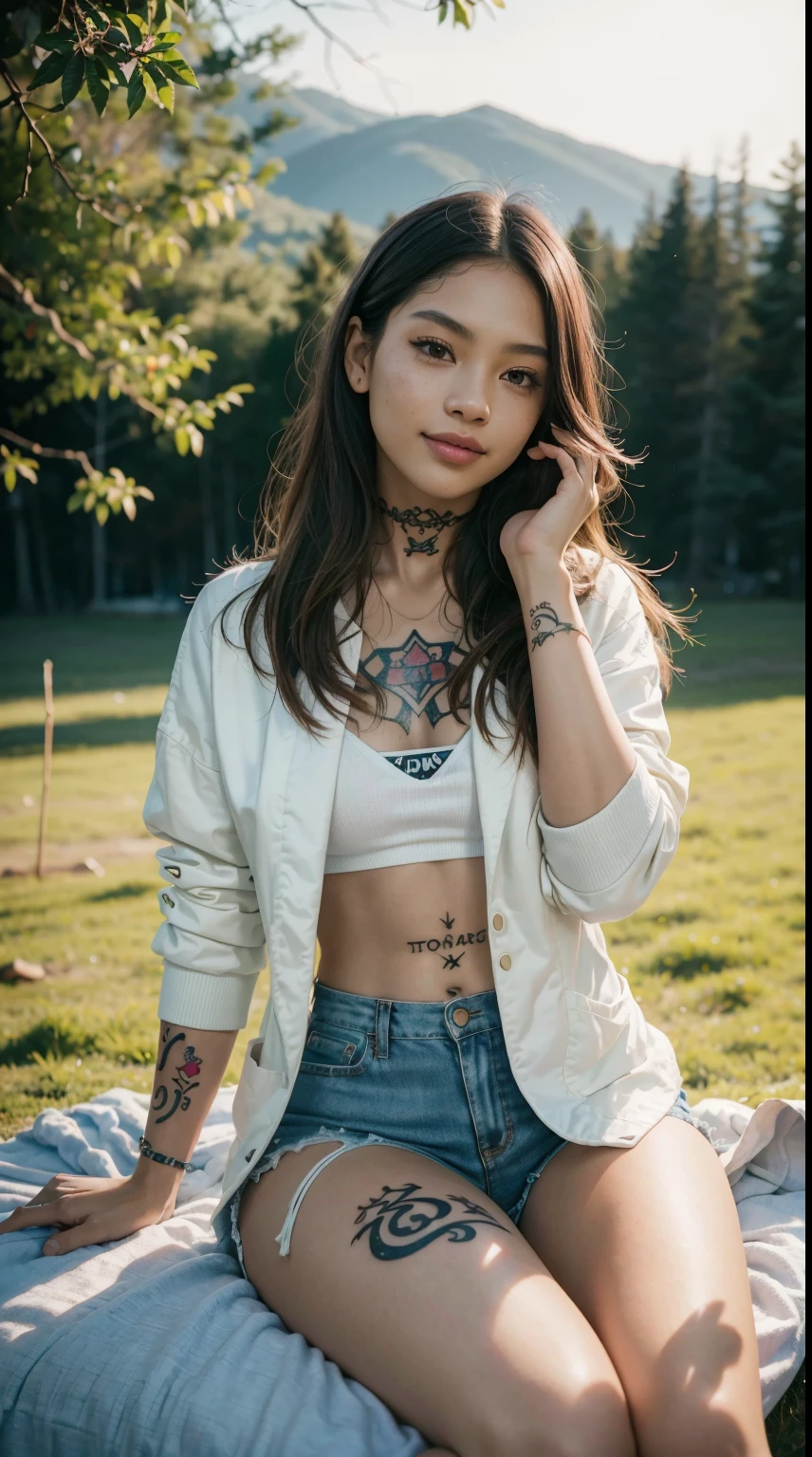 25 years old, gorgeous cute Brazilian girl, smirk, freckles, there is a woman holding a sparkler in her hand, shot on canon eos r5, shot on canon eos r 5, captured on canon eos r 6, jia, shot with canon eoa 6 d mark ii, shot on nikon z9, fanart, taken with canon eos 5 d mark iv, ruan jia beautiful!, blackpink jennie, jossi of blackpink, iPhone camera, beautiful white woman, famous model, wearing a short jacket, camping on the mountain, sitting on a chair playing with firecrackers, smiling happily, it was a very beautiful evening, ((brown skinned girl)), good young girl, (masterpiece:1.0),(best_quality:1.0), ultra high res,4K,ultra-detailed, photography, 8K, HDR, highres, absurdres:1.2, Kodak portra 400, blurry background, bokeh, lens flare, (vibrant_color:1.2),professional photograph, (the_tattoo:1.4), (beautiful_face:1.5),(narrow_waist).