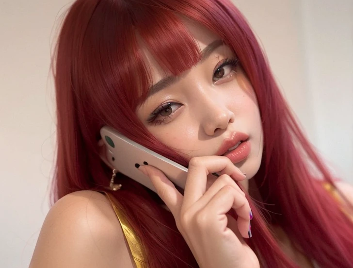 Arafed woman with red hair talking on a cell phone.., Lalisa Manobal, Jossi de Blackpink, con cabello rosado, Lalisa Manoban de Blackpink, ulzzang, Chiho, Jaeyeon Nam, Jinyoung Shin, pale red, cabello liso rosa, demasiado rojo, Retrato de Jossi de Blackpink, Parque Ji-min, Shikamimi