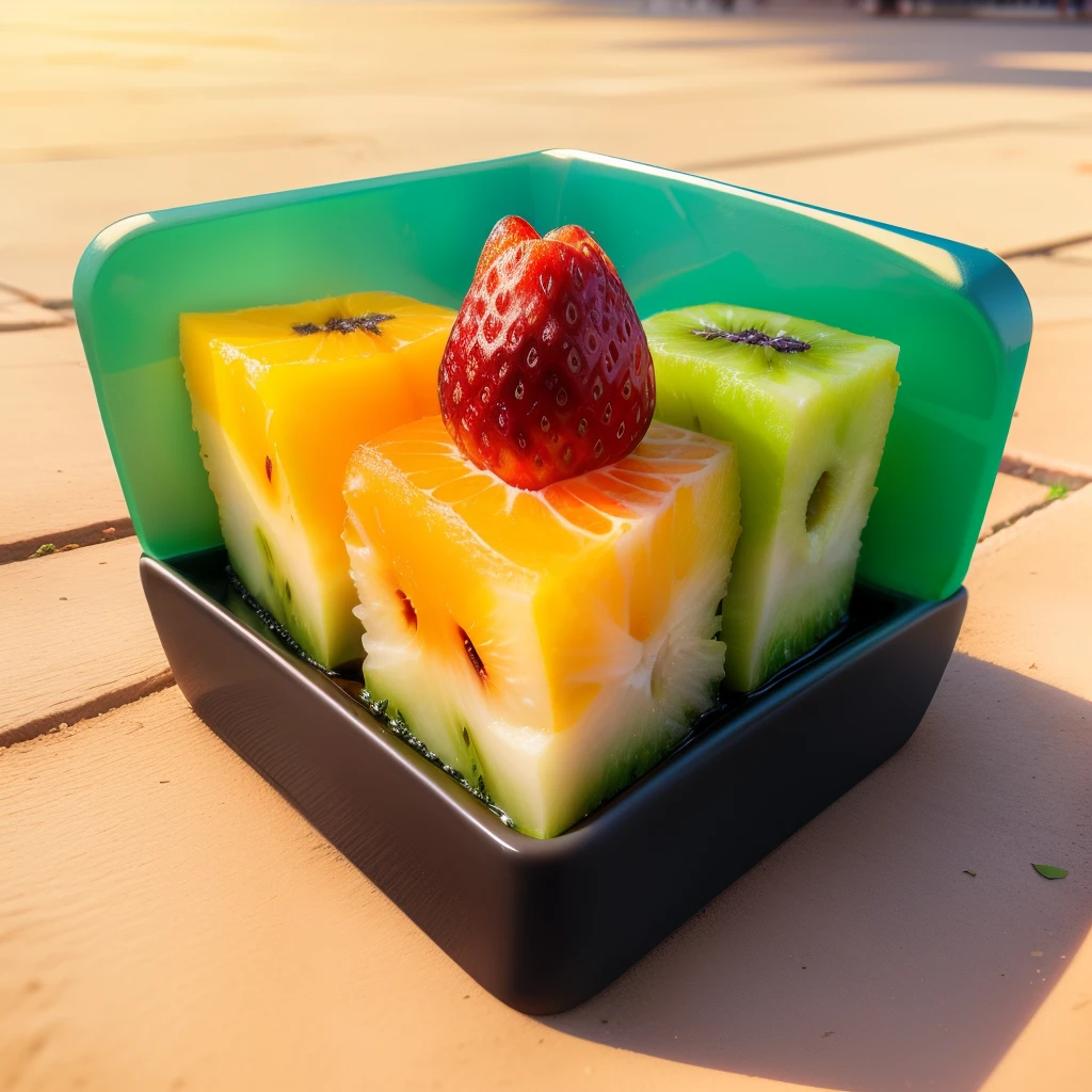In the middle of a square  , TEM UMA BARRACA  COM FRUTAS
