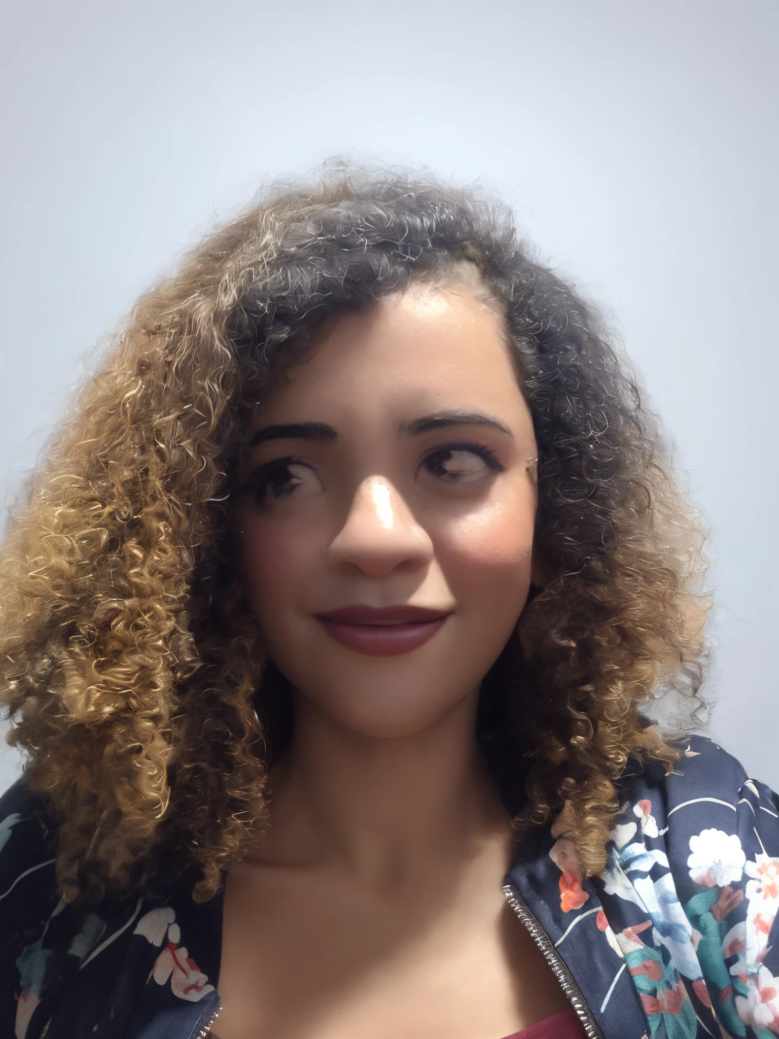 tem uma mulher com cabelos cacheados e uma jaqueta, cabelos loiros cacheados | d & d, seu rosto emoldurado com cachos, looking to the side off camera, mixed race woman, afro encaracolado, cabelos cacheados, medium close up portrait, olhando para o lado, halfbody headshot, com afro, mixed race woman, looking away from camera, foto de perfil headshot