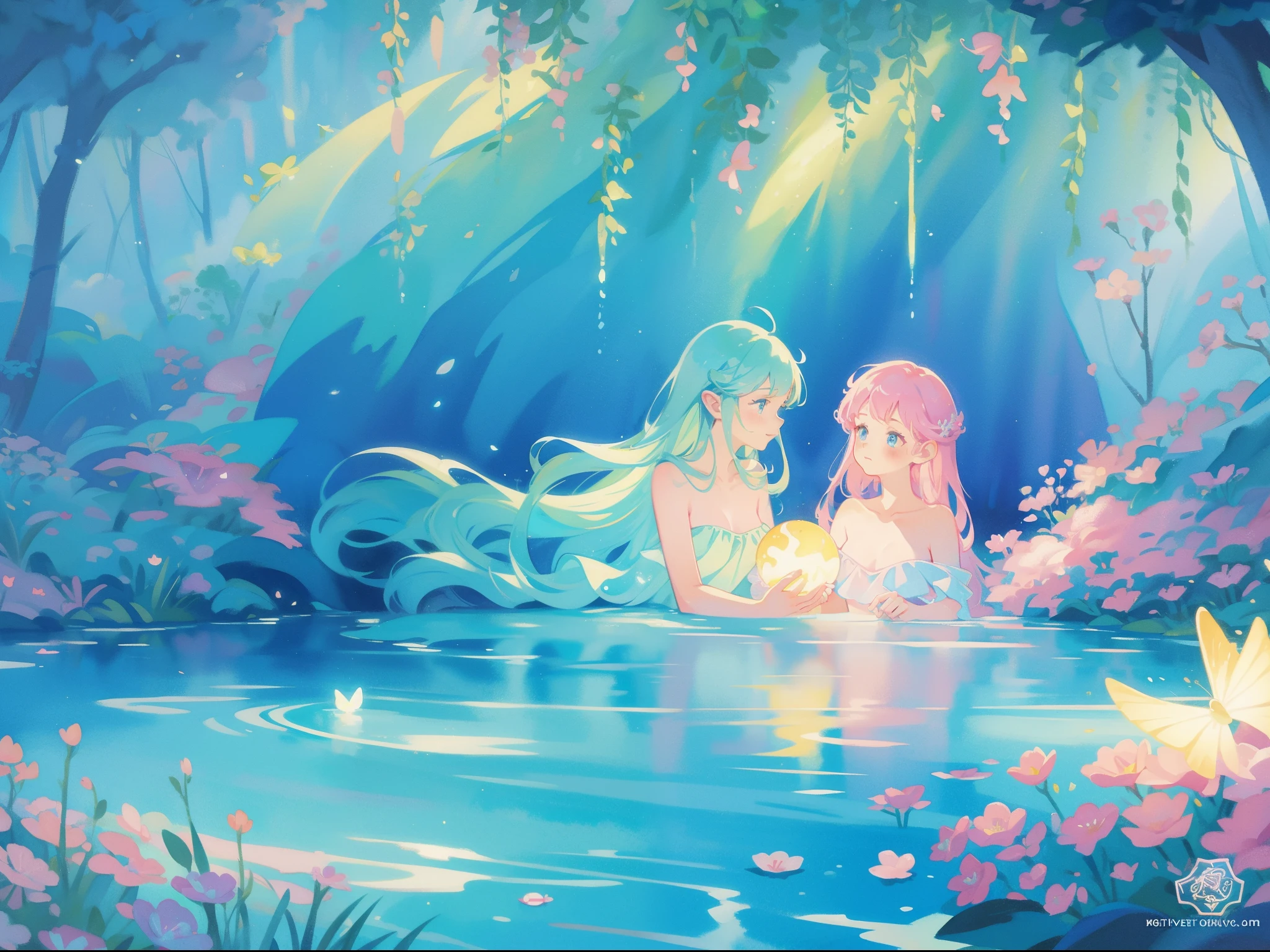 illustration, watercolor illustration, vibrant pastel colors, dreamy, colorful, whimsical, magical, masterpiece, best quality, sharp focus, intricately detailed environment, fine detail, 8k resolution, waterfall lagoon, water nymph girls, (magical lagoon), (waterfall, lake), (beautiful nude female spirits swimming in water), beautiful princess, fireflies, glowing butterflies